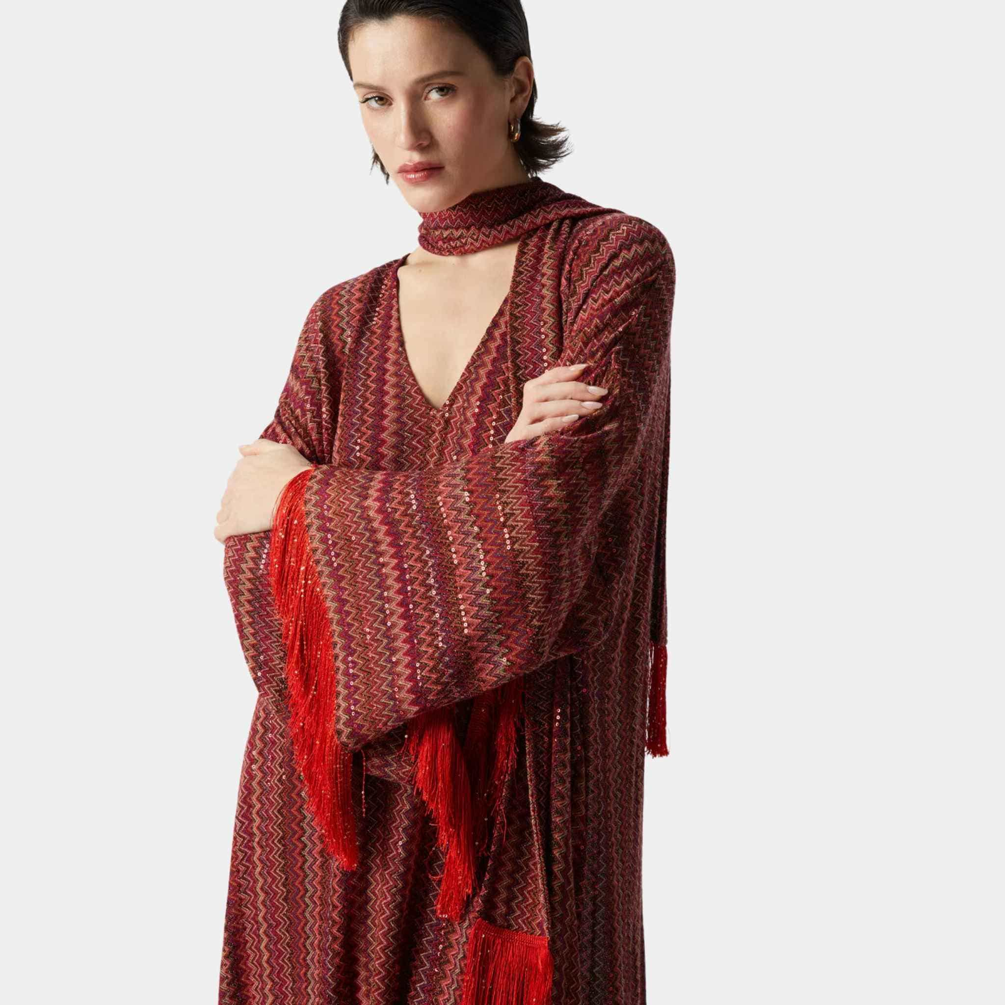 Missoni Zigzag V Neck Kaftan And Removable Scarf, Red, Model