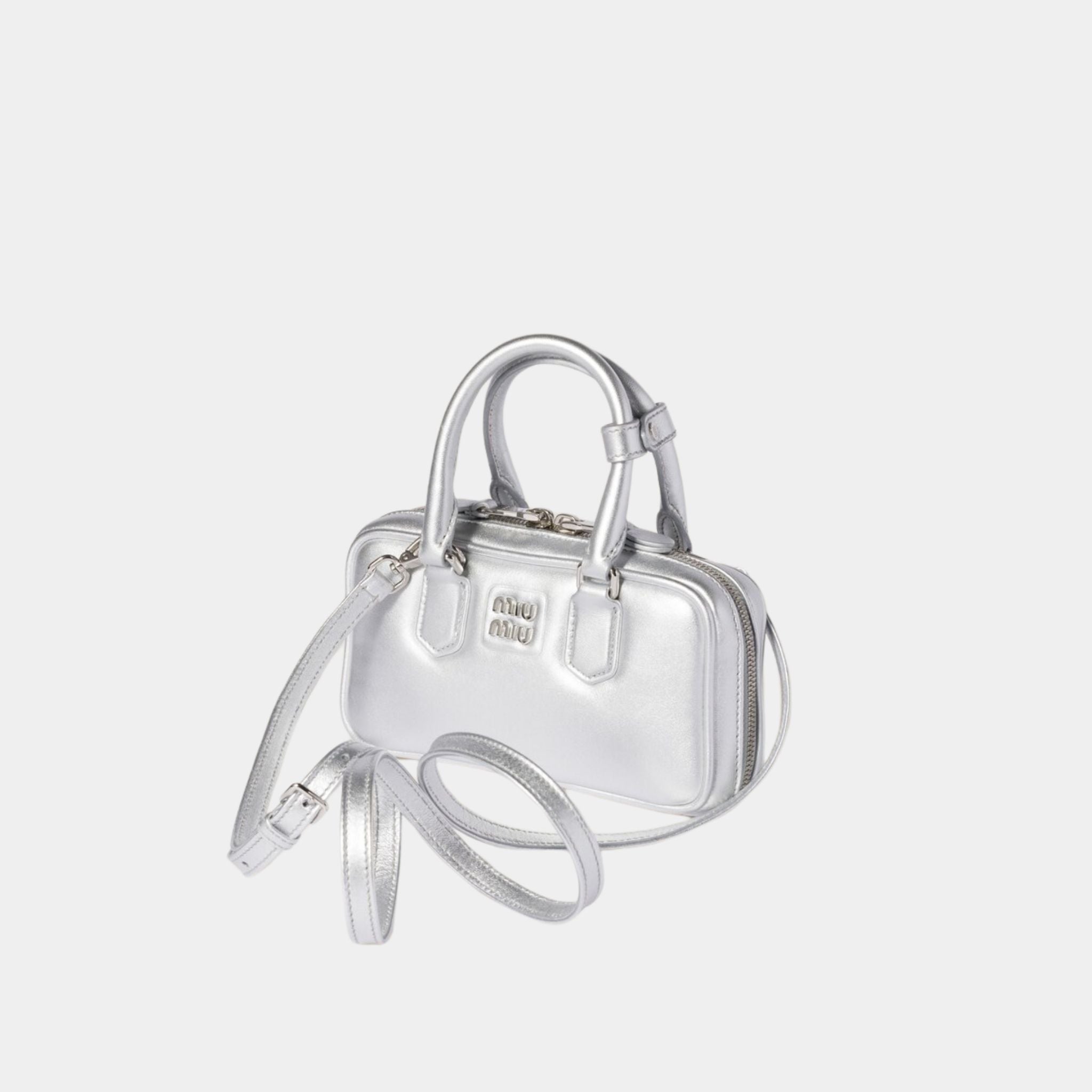 Miu Miu Arcadie Laminated Nappa Leather Mini Bag, Silver, Side