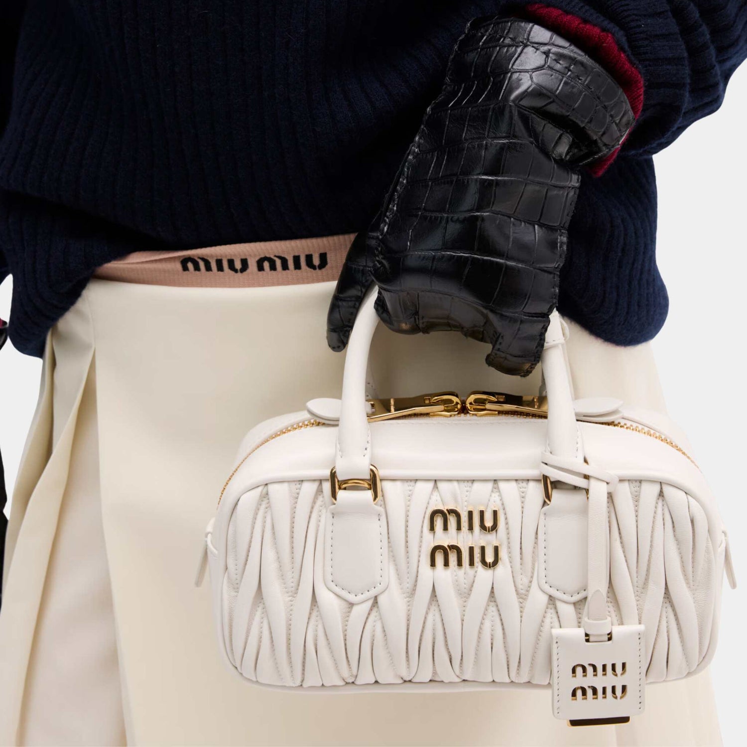 Miu Miu Arcadie Matelassé Nappa Leather Bag, White, Model, Closeup