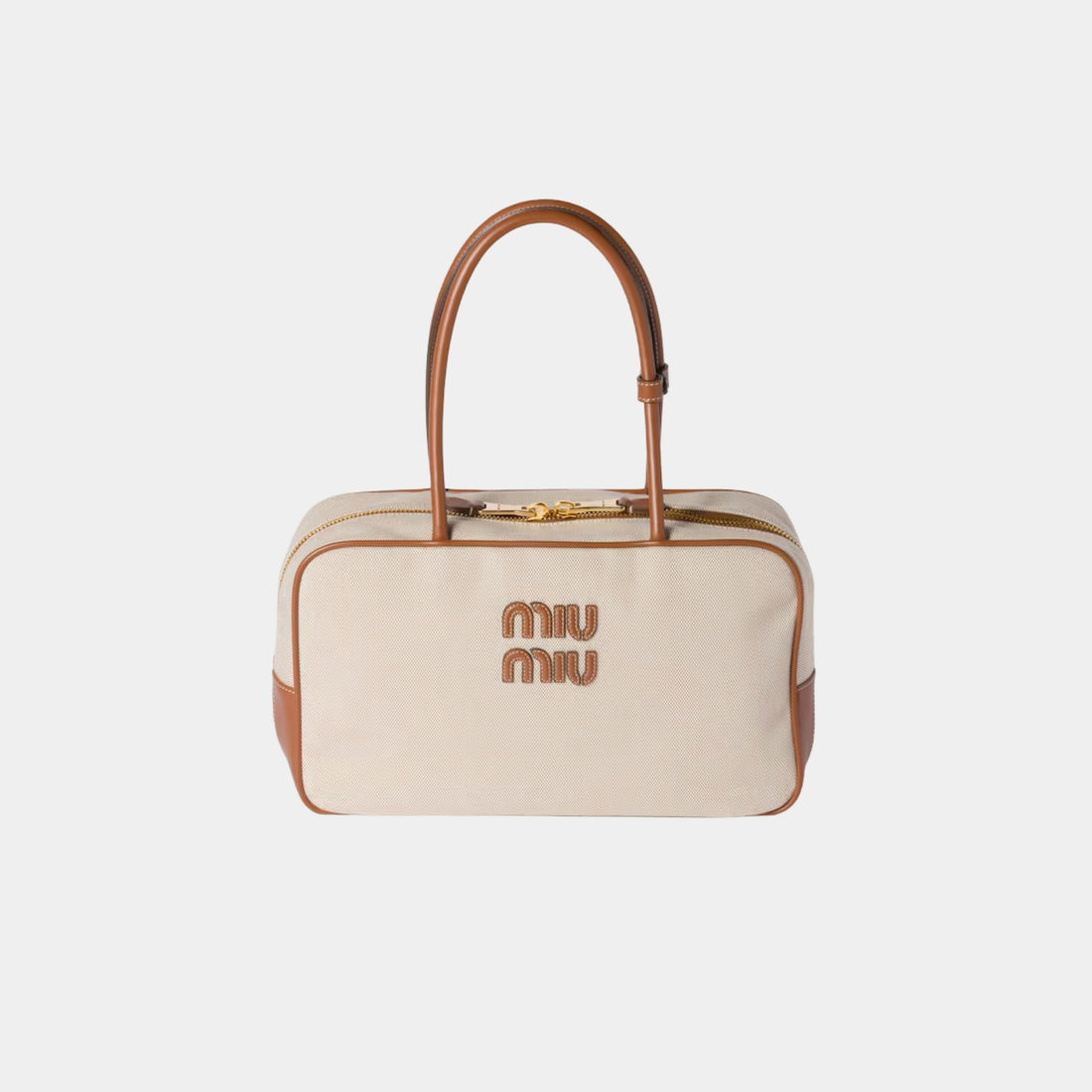 Miu Miu Beau Canvas and Leather Large Bag, Beige, Brandy, Front