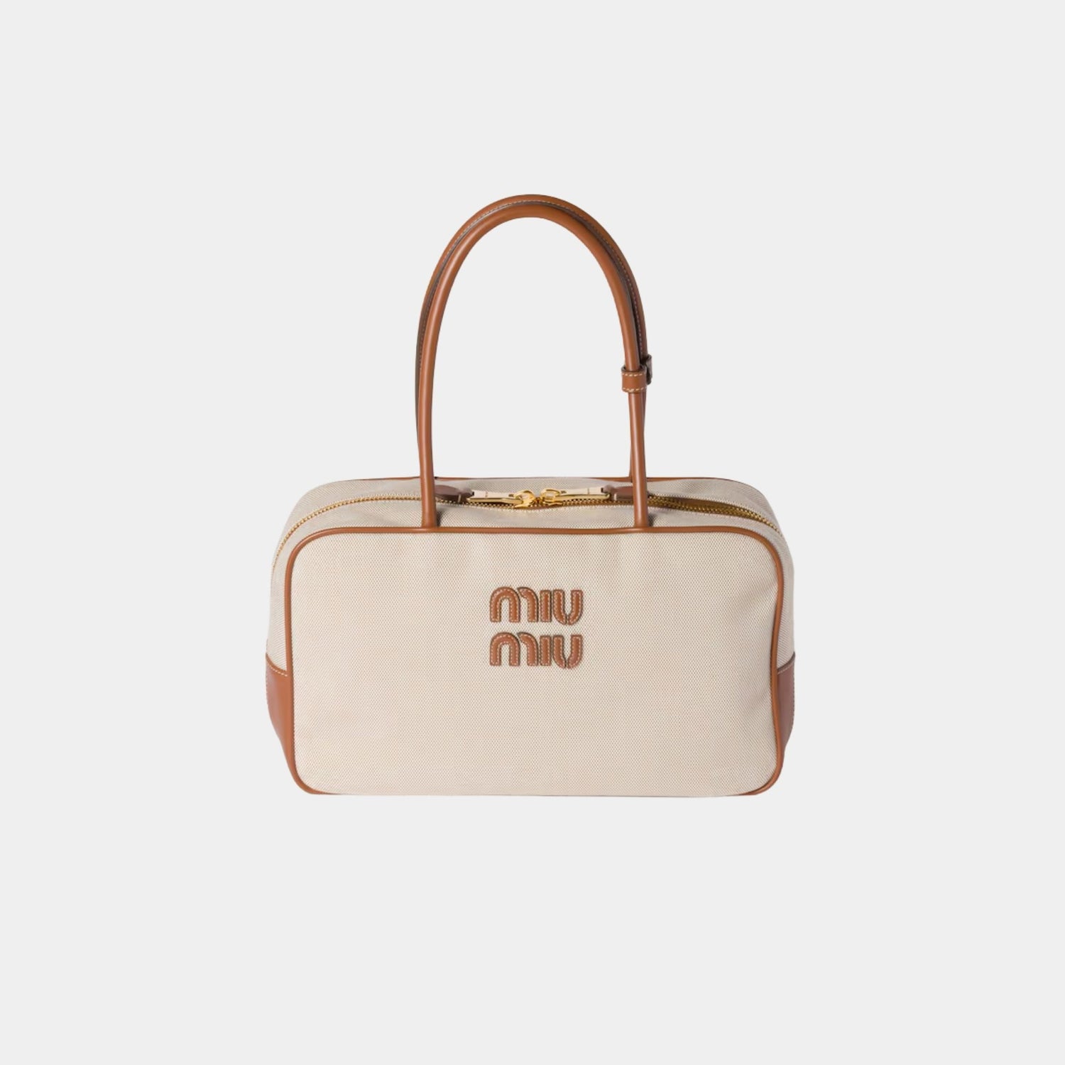 Miu Miu Beau Canvas and Leather Large Bag, Beige, Brandy, Front