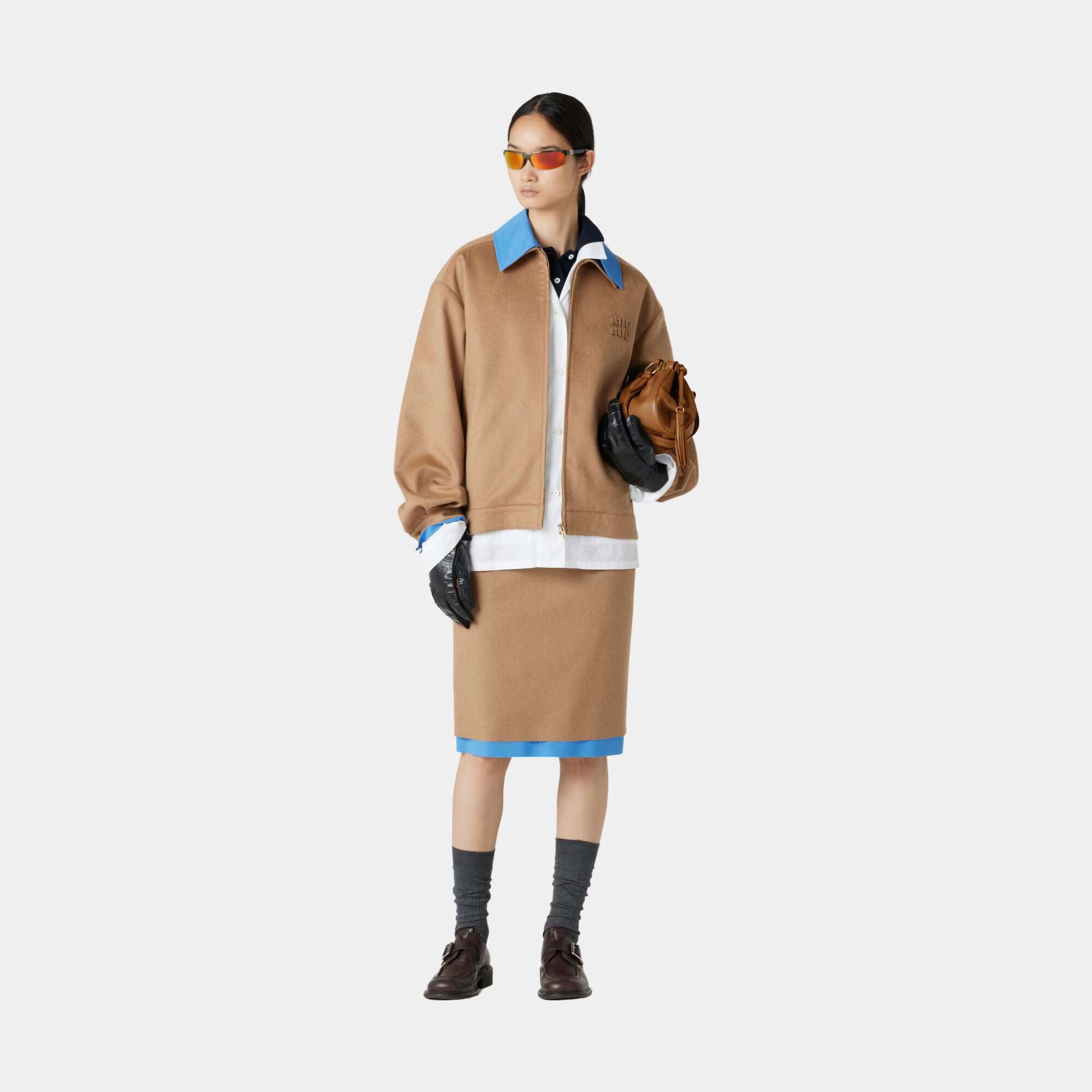 Miu Miu Camel Hair Blouson Jacket With Poplin Details Camel Brown, Model, Front