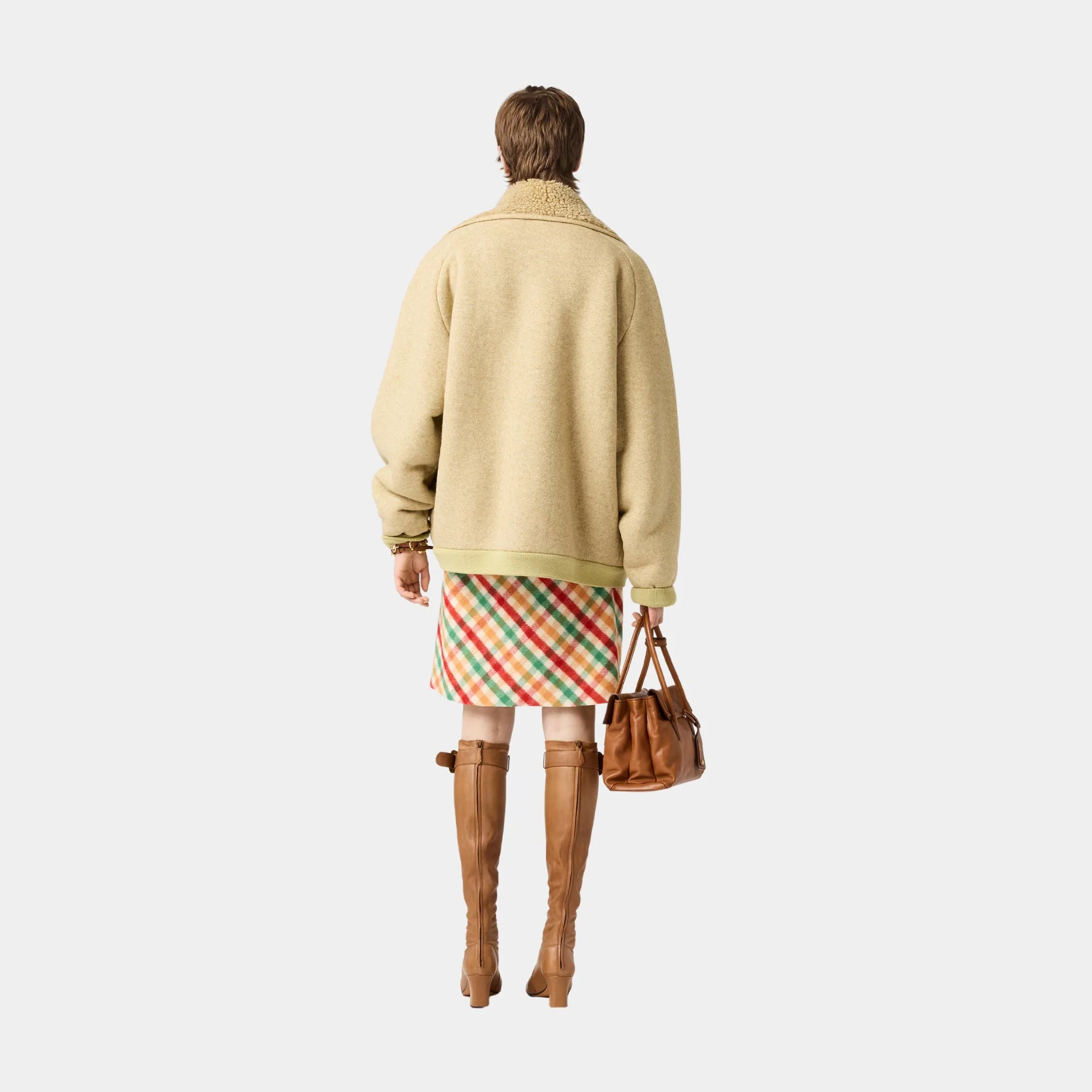 Miu Miu Cotton Fleece Zipper Blouson Jacket, Soy Green, Model, Front