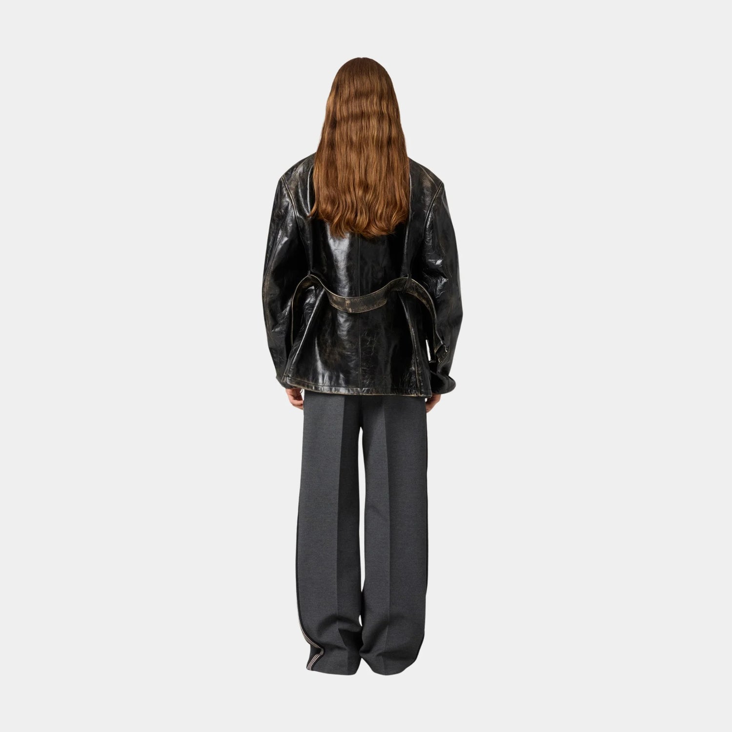Miu Miu Double-breasted Calfskin Leather Caban Jacket, Black, Model, Back