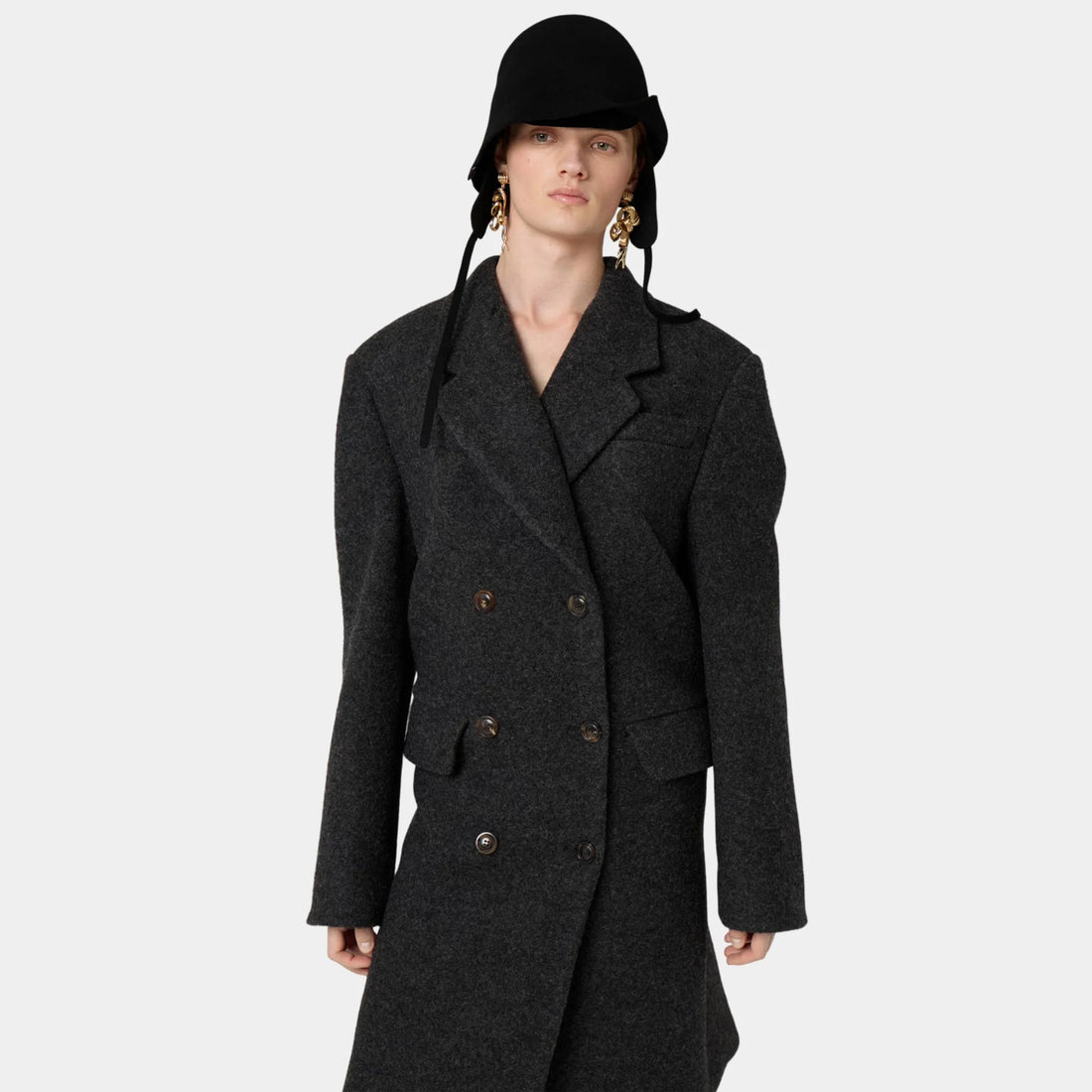 Miu Miu Double-breasted Shetland Wool Coat, Anthracite Gray, Model, Front, Close