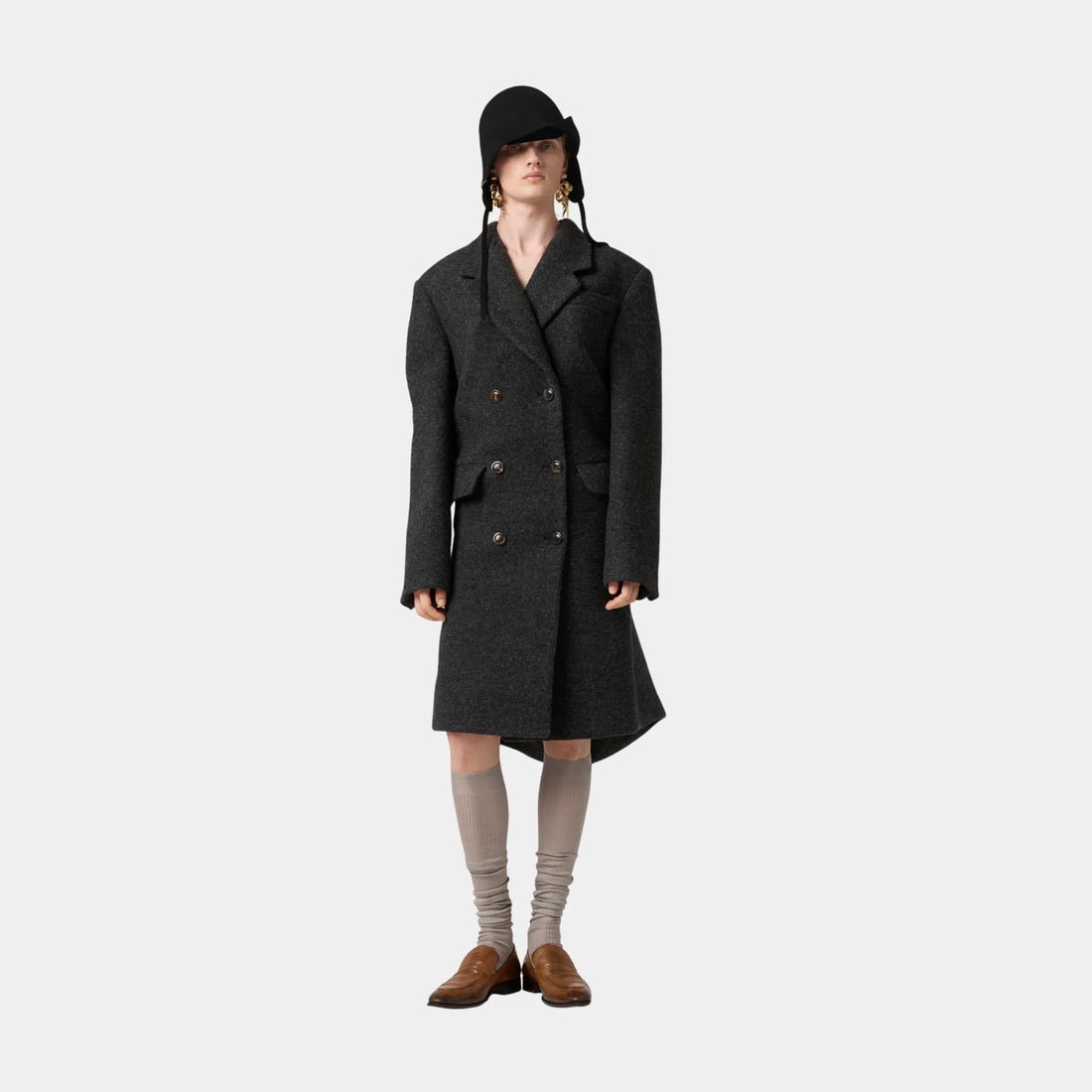 Miu Miu Double-breasted Shetland Wool Coat, Anthracite Gray, Model, Front