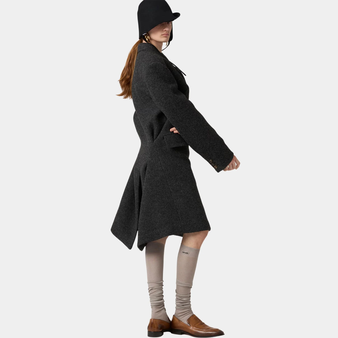 Miu Miu Double-breasted Shetland Wool Coat, Anthracite Gray, Model, Side