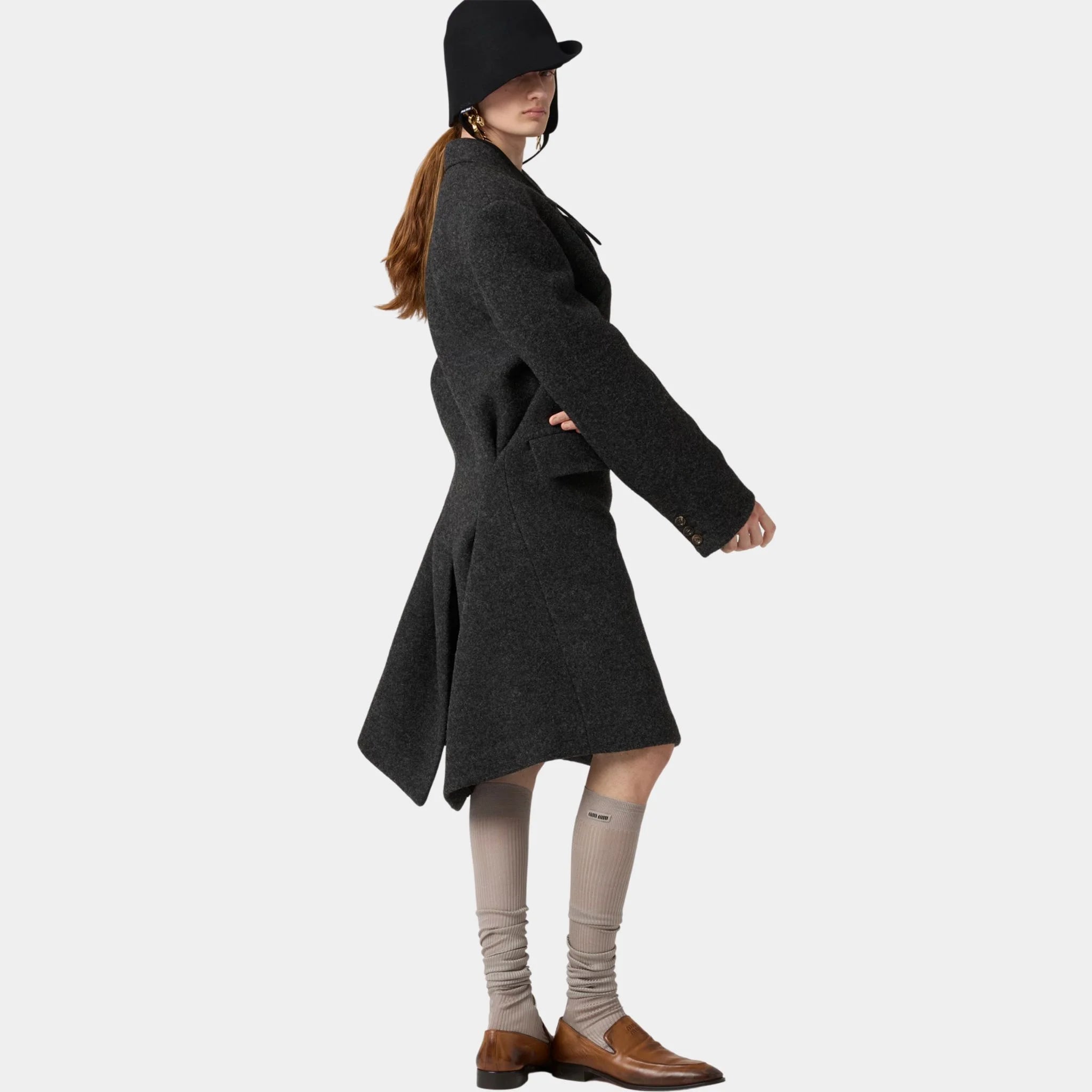 Miu Miu Double-breasted Shetland Wool Coat, Anthracite Gray, Model, Side