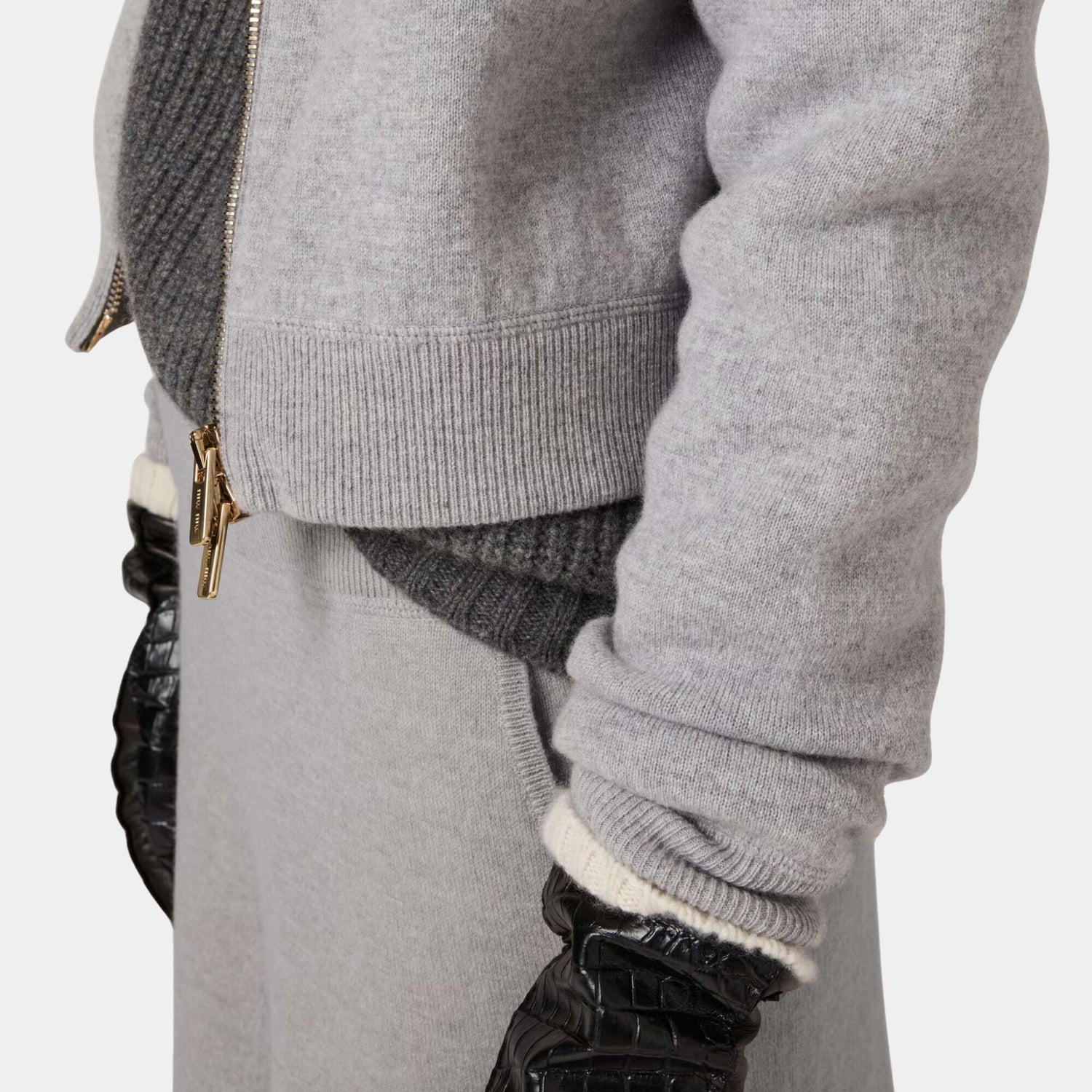 Miu Miu Double Cashmere Zipper Hoodie Cardigan, Model, Closeup