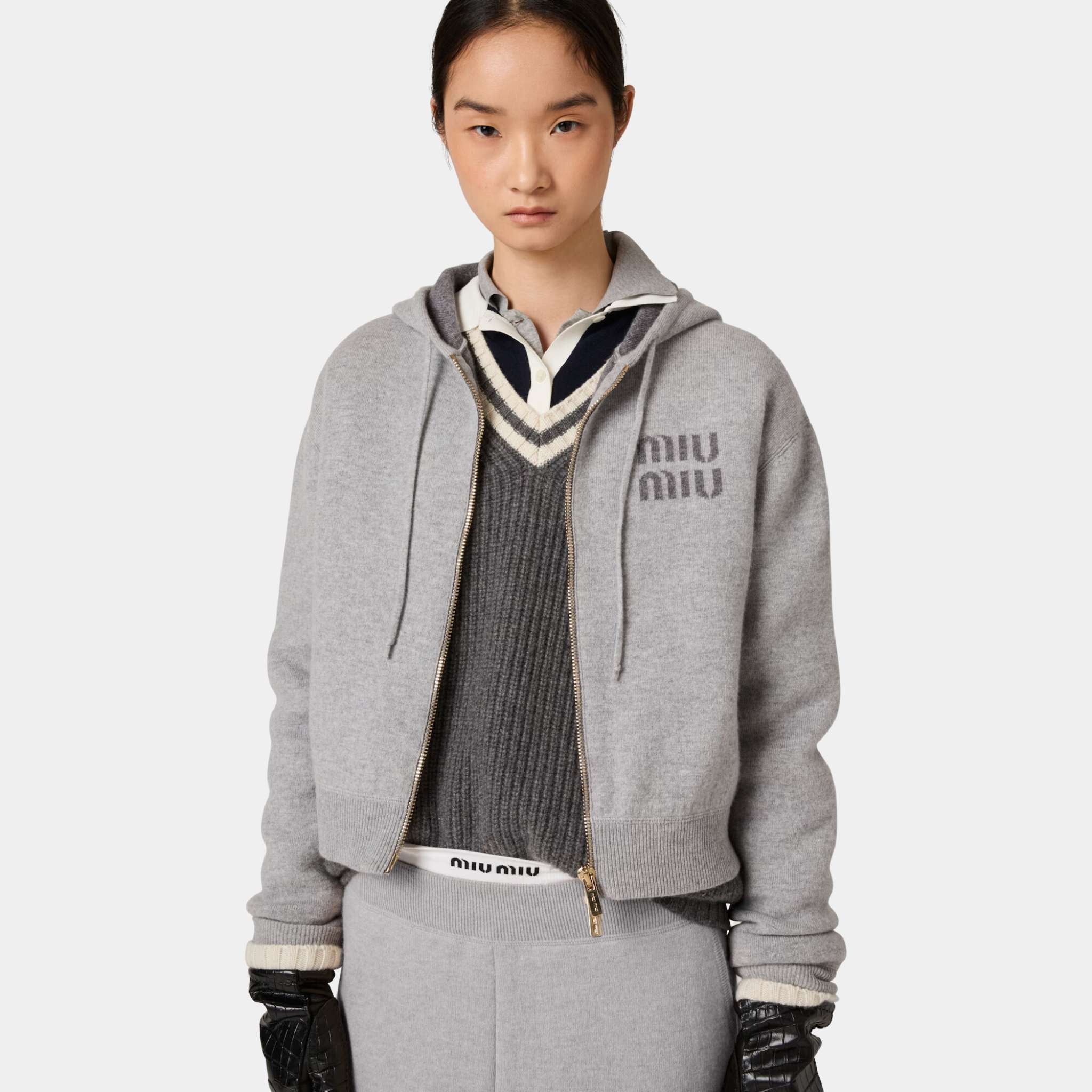 Miu Miu Double Cashmere Zipper Hoodie Cardigan, Model, front