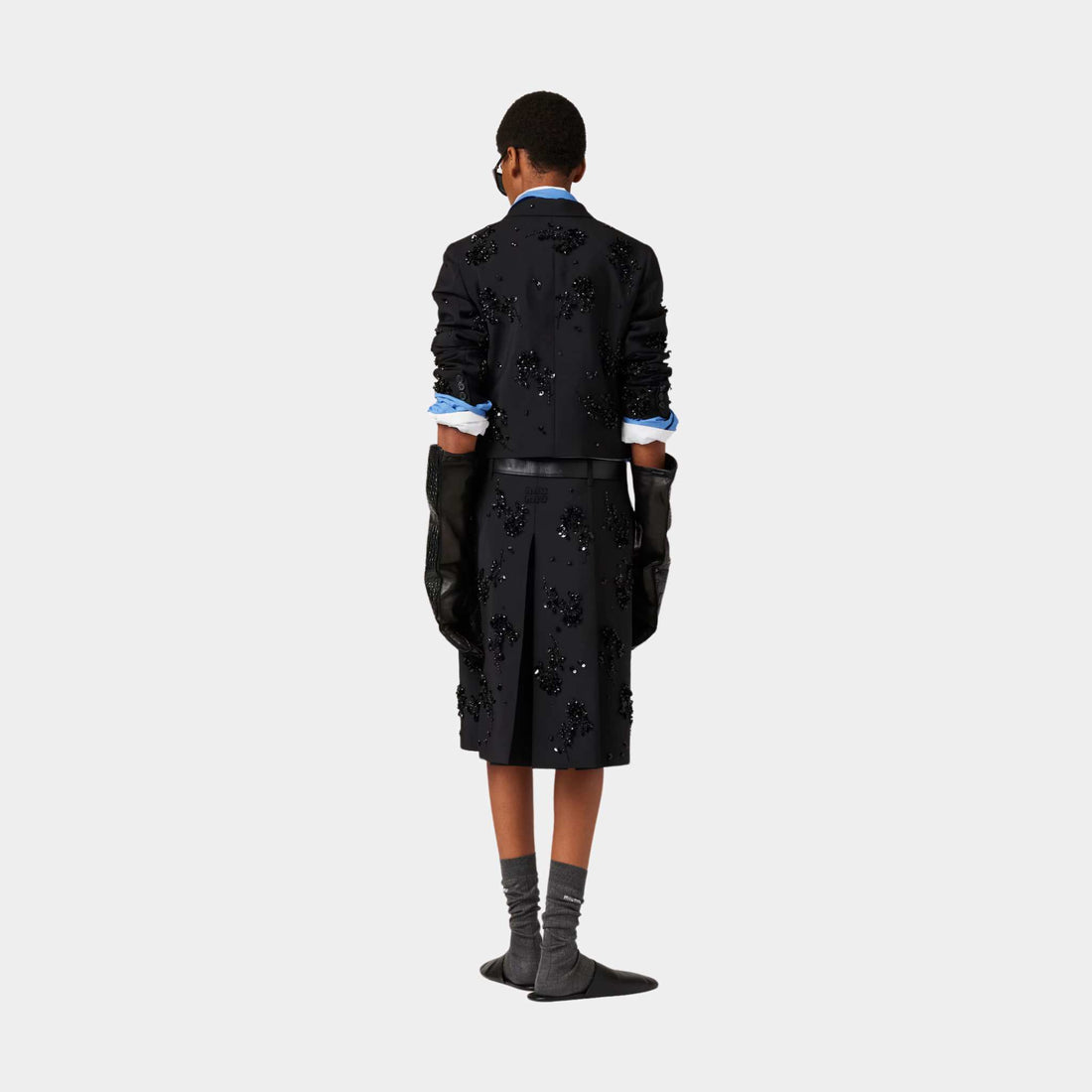 Miu Miu Embroidered Single breasted Kid Mohair Jacket Black, Back, Model