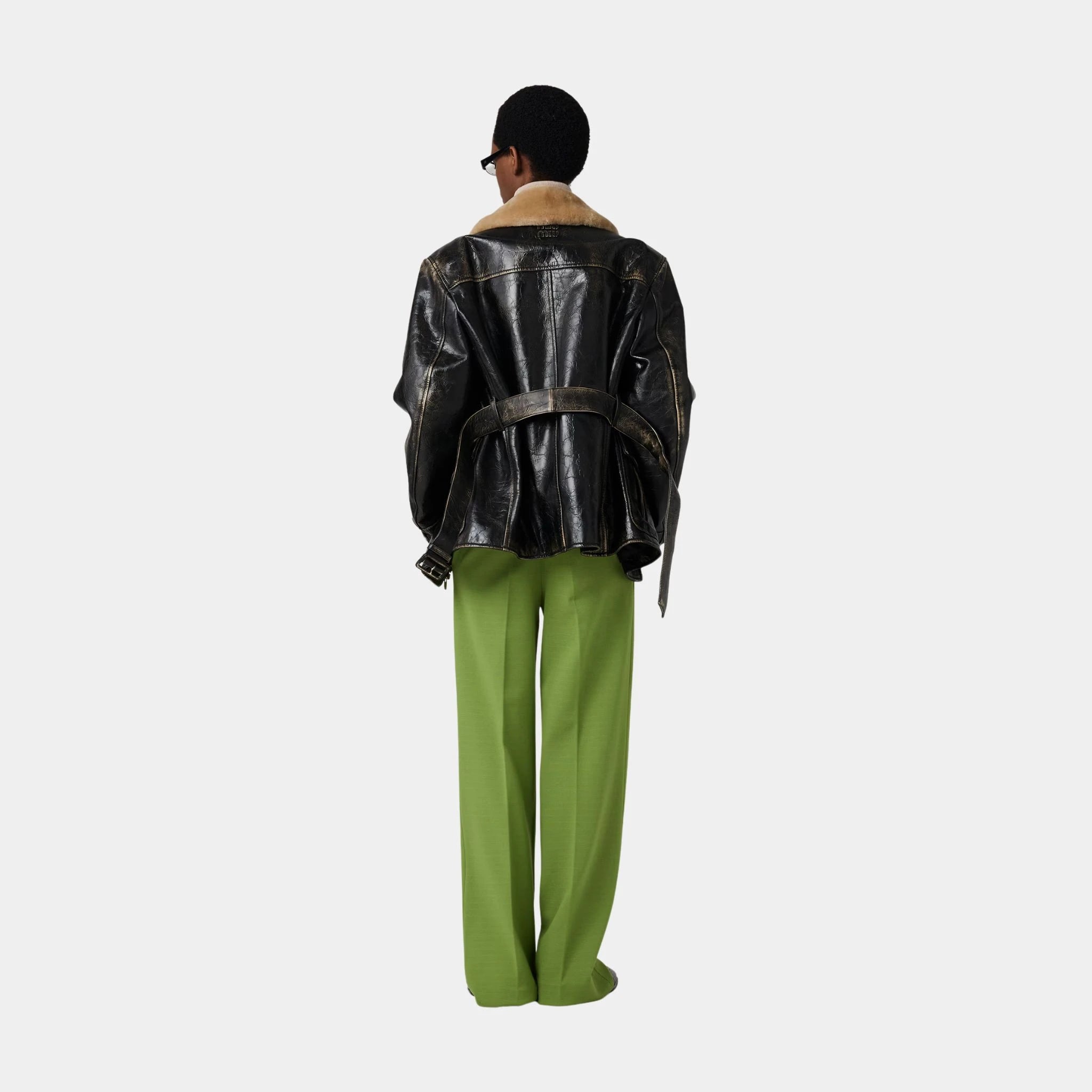 Miu Miu Fabric Stitch Knit Pants with Button, Green, Model, Back