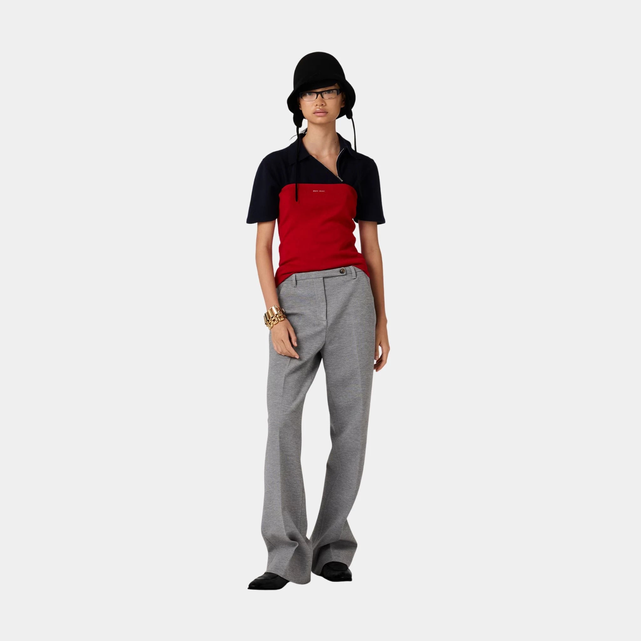 Miu Miu Fabric Stitch Knit Pants with Button, Grey, Model, Front