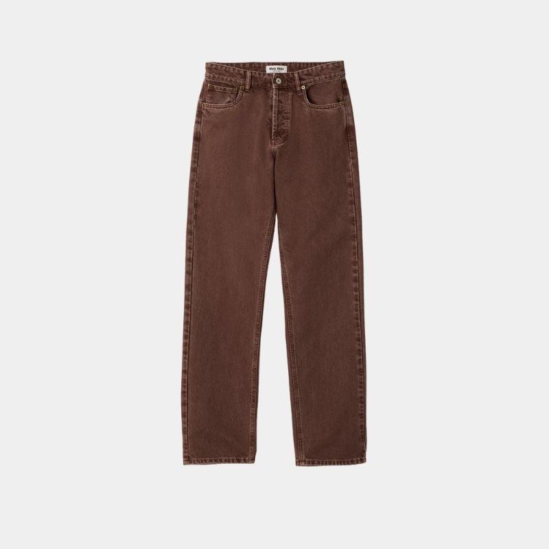 Miu Miu Five-Pocket Bull Denim Trousers, Brown, Front View