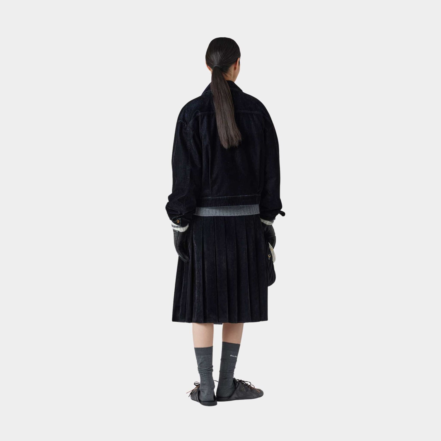 Miu Miu Flocked Chambray Blouson Jacket Black, Back View, model