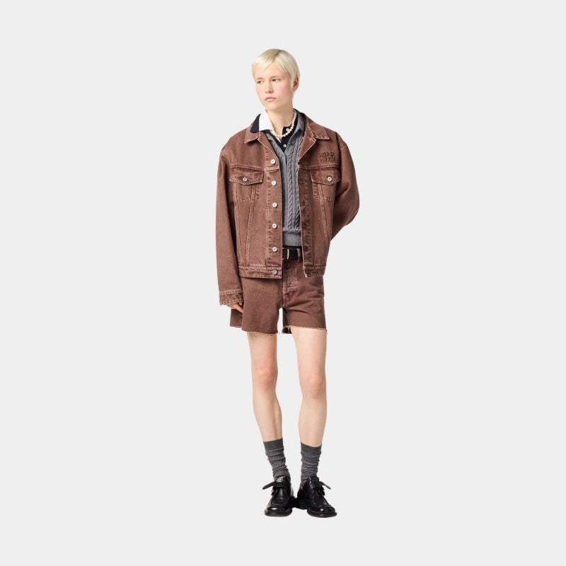 Miu Miu Garment Dyed Denim Blouson, Brown, Wear View