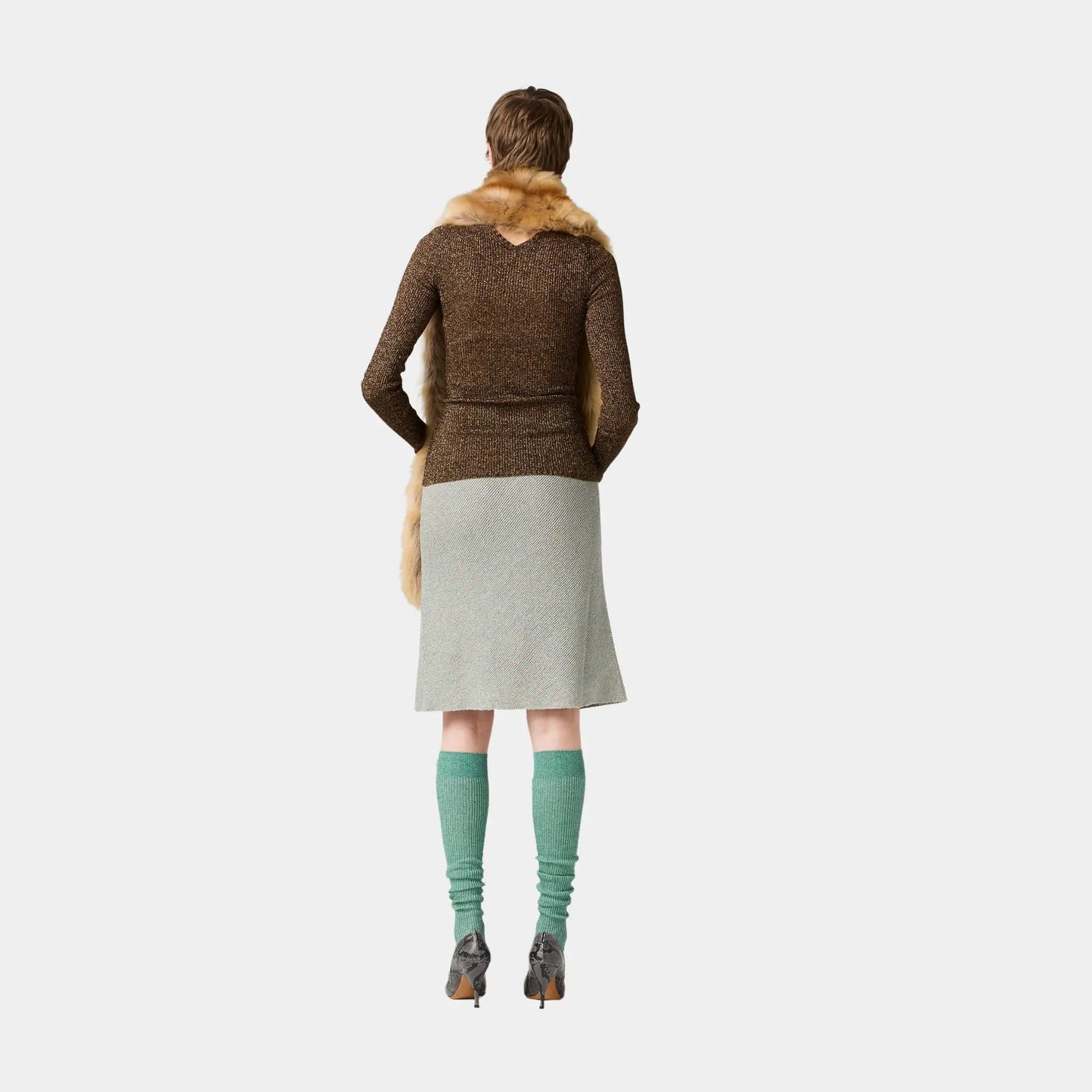 Miu Miu Lame Crew-neck Sweater, Tobacco, Model, Back