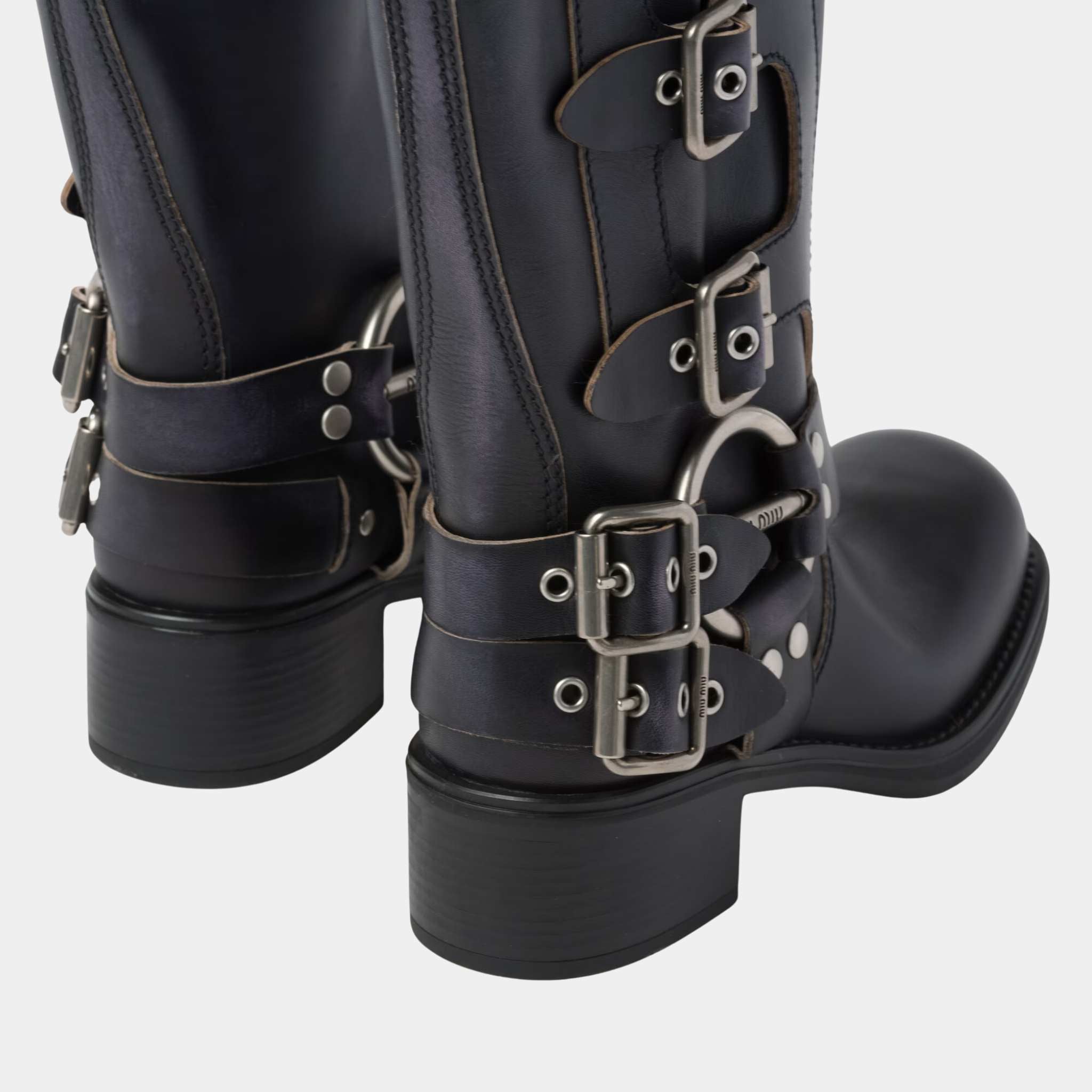 Miu Miu Leather boots Logo Engraved Harness Ring Black, Closeup