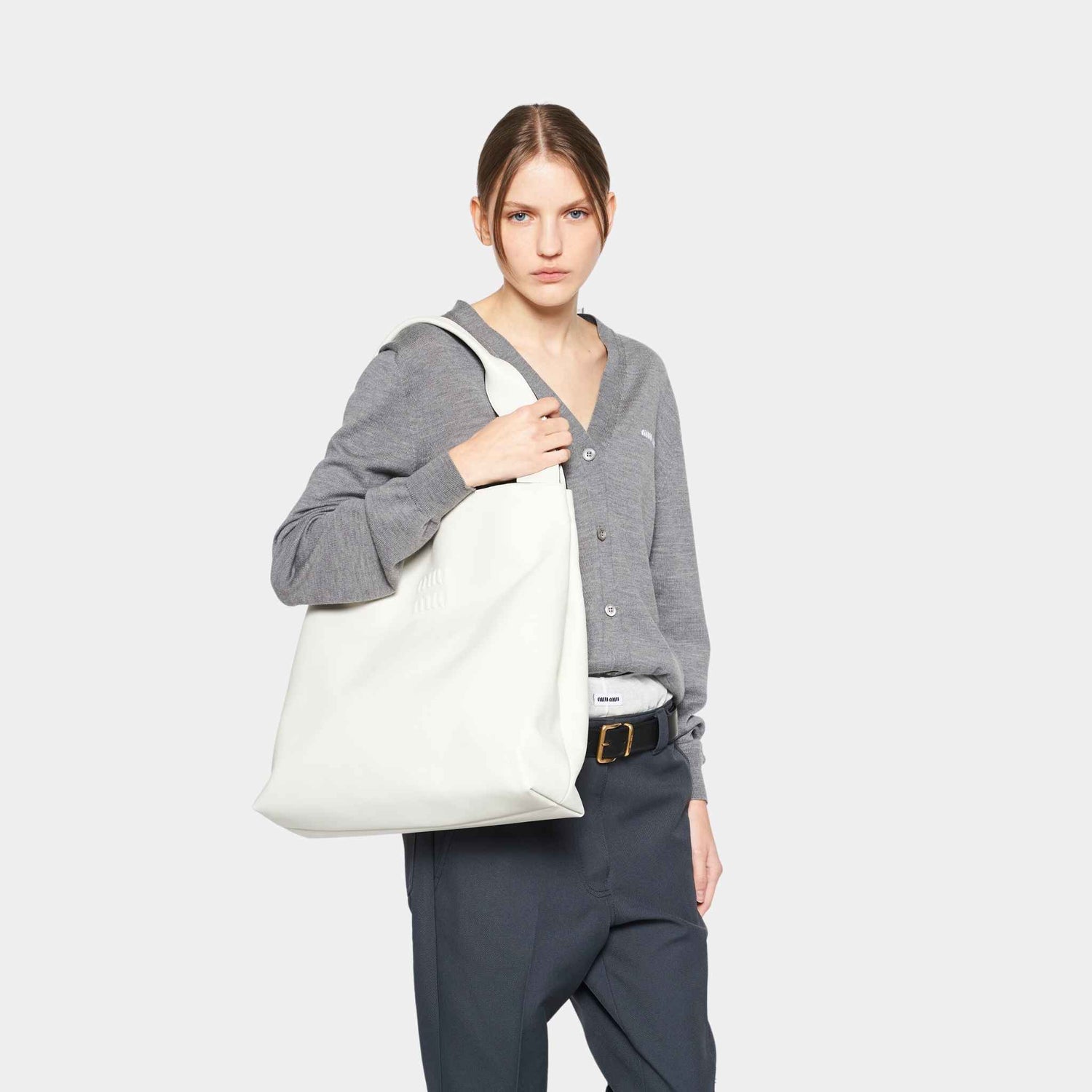 Miu Miu Leather Hobo Bag, White, Model View