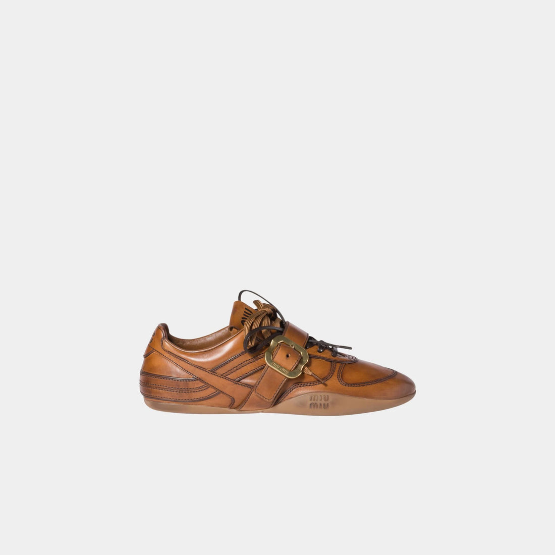 Miu Miu Leather Sneakers with Buckle, Cognac, Side