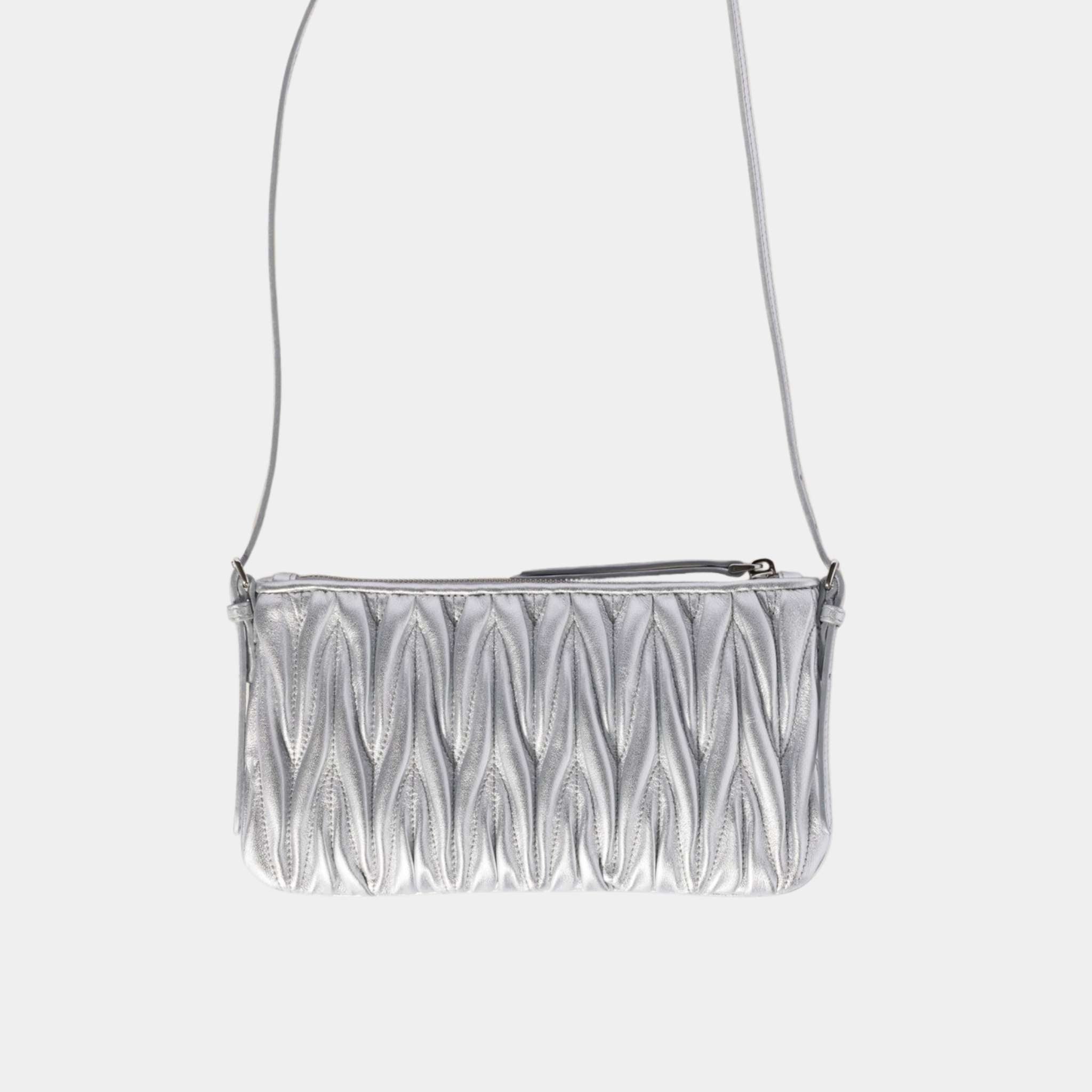 Miu Miu Matelasse Nappa Leather Mini Pouch, Silver, Back