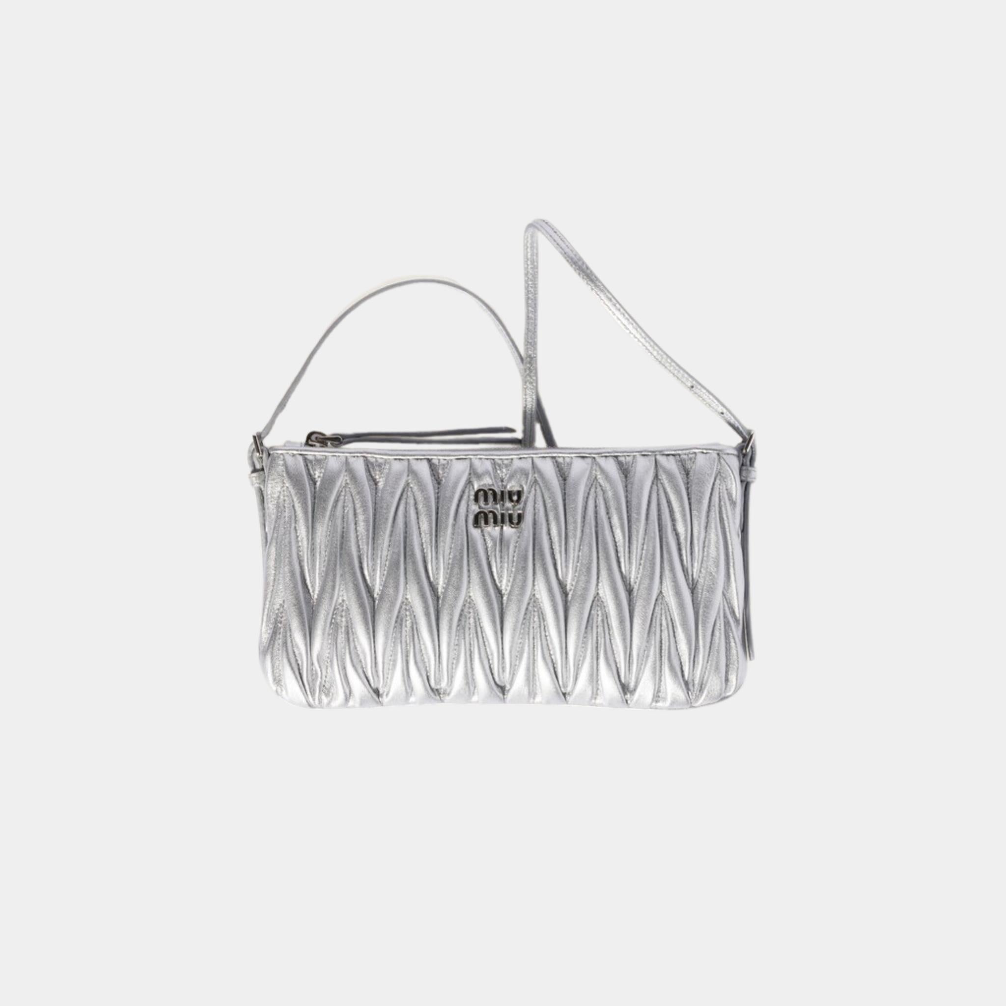 Miu Miu Matelasse Nappa Leather Mini Pouch, Silver, Front