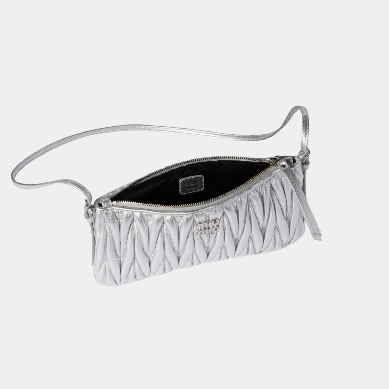 Miu Miu Matelasse Nappa Leather Mini Pouch, Silver, Open