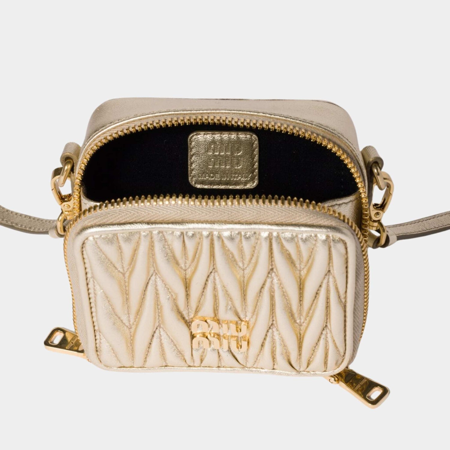 Miu Miu Matelasse Nappa Leather Mini Square Pouch, Pyrite, Open