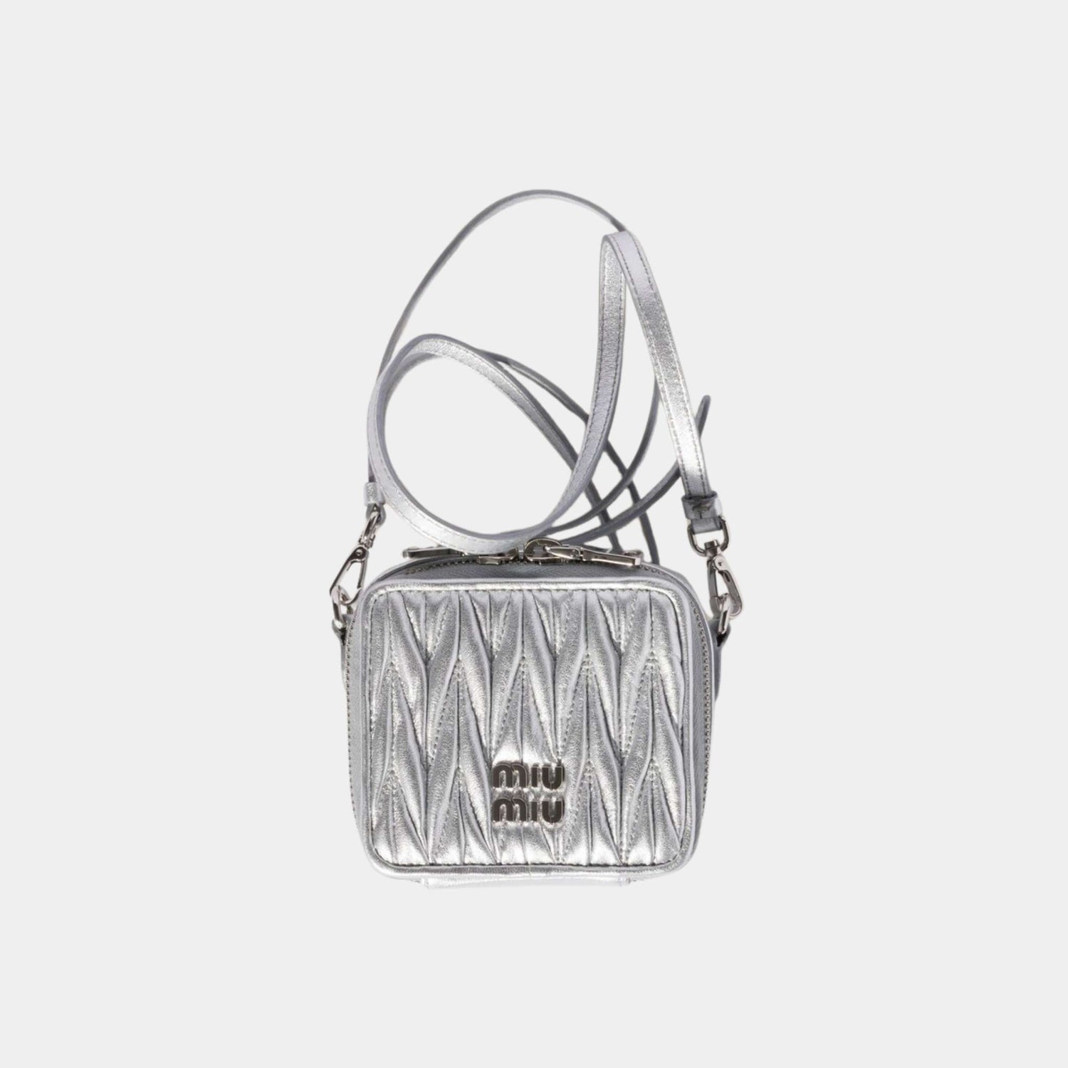 Miu Miu Matelasse Nappa Leather Mini Square Pouch, Silver, Front