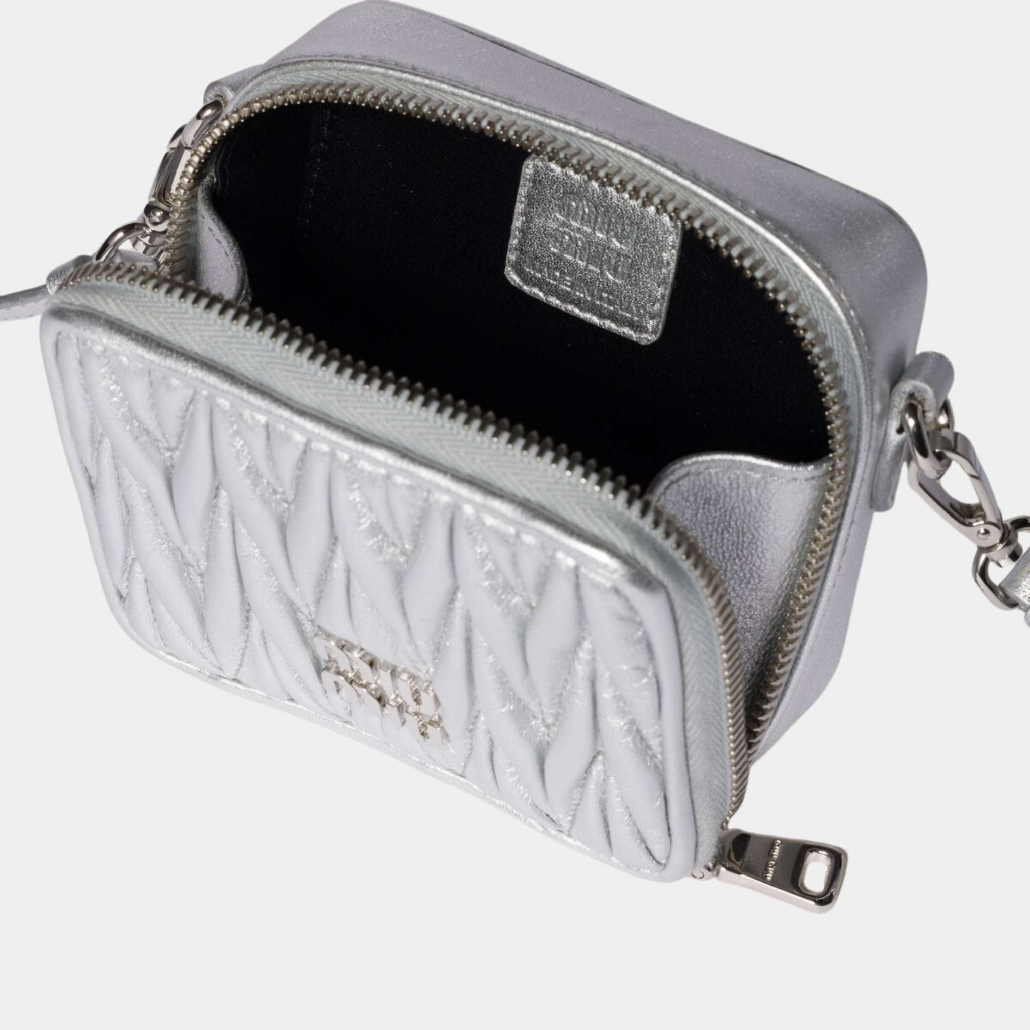 Miu Miu Matelasse Nappa Leather Mini Square Pouch, Silver, Open