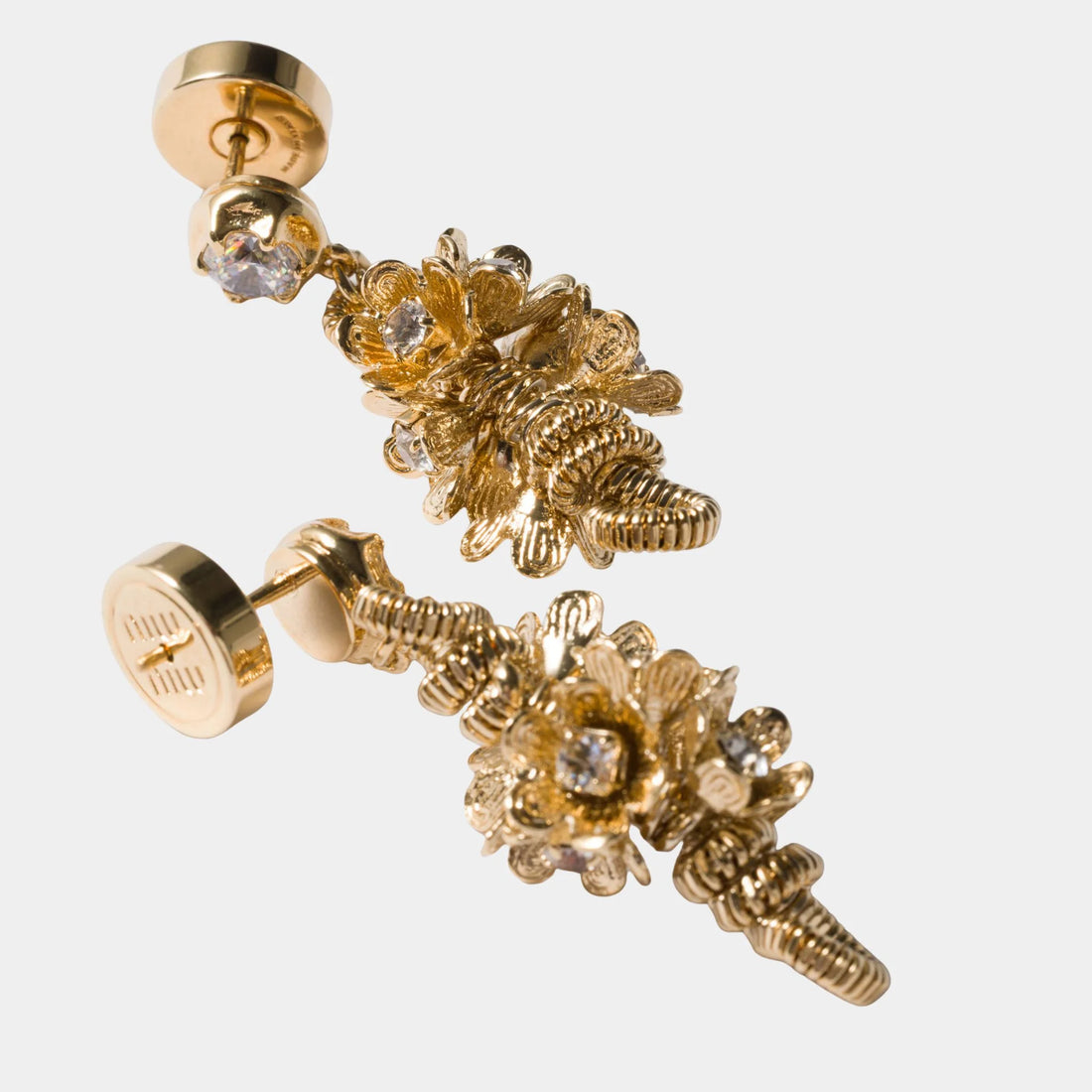 Miu Miu Metal Earrings with Crystals, Gold, Close