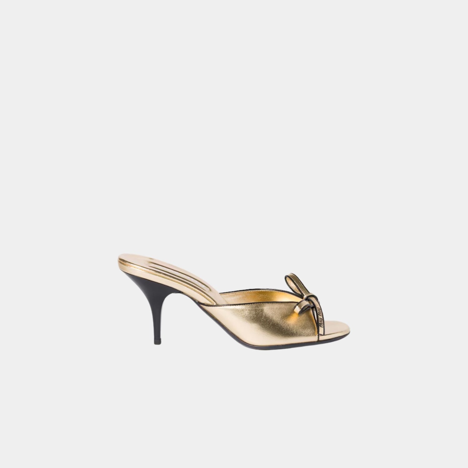 Miu Miu Mordoré Nappa Leather Heeled Sandals with Bow, Gold, Side