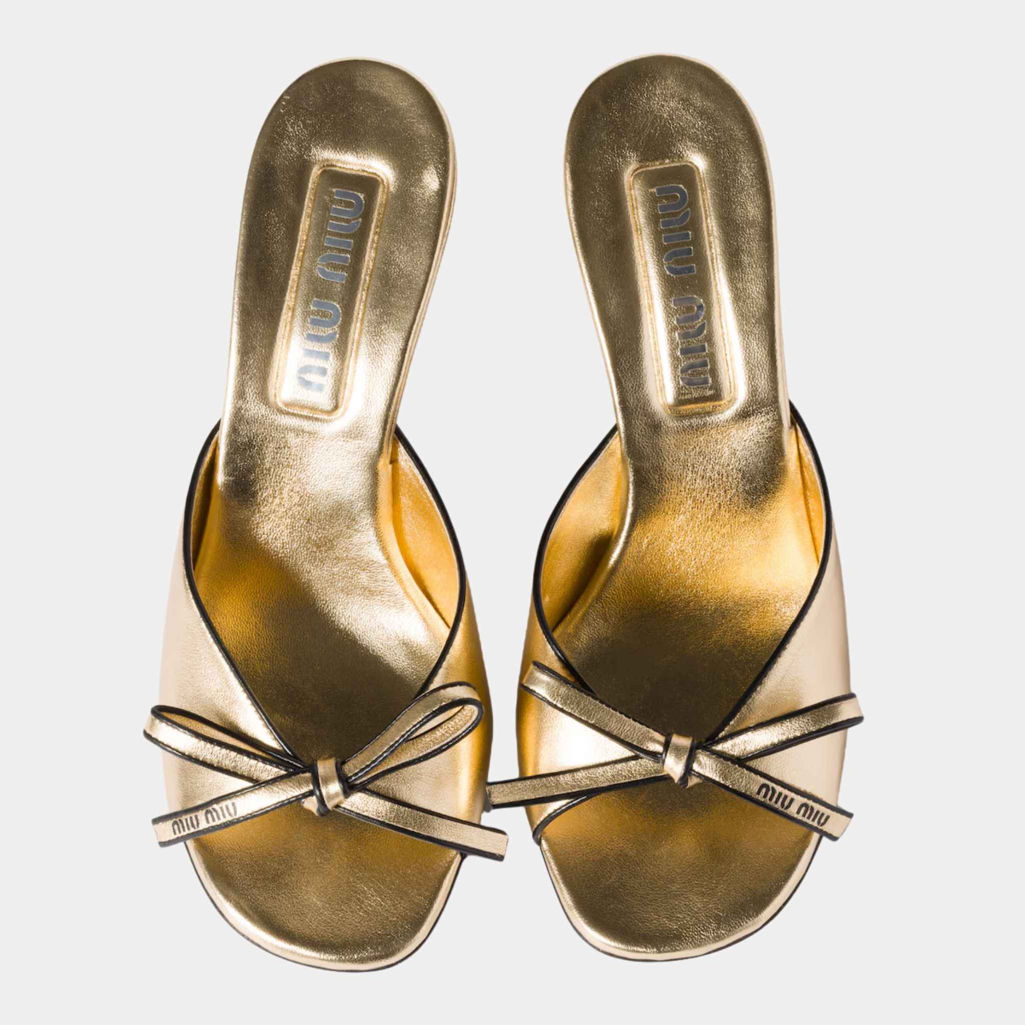 Miu Miu Mordoré Nappa Leather Heeled Sandals with Bow, Gold, Top