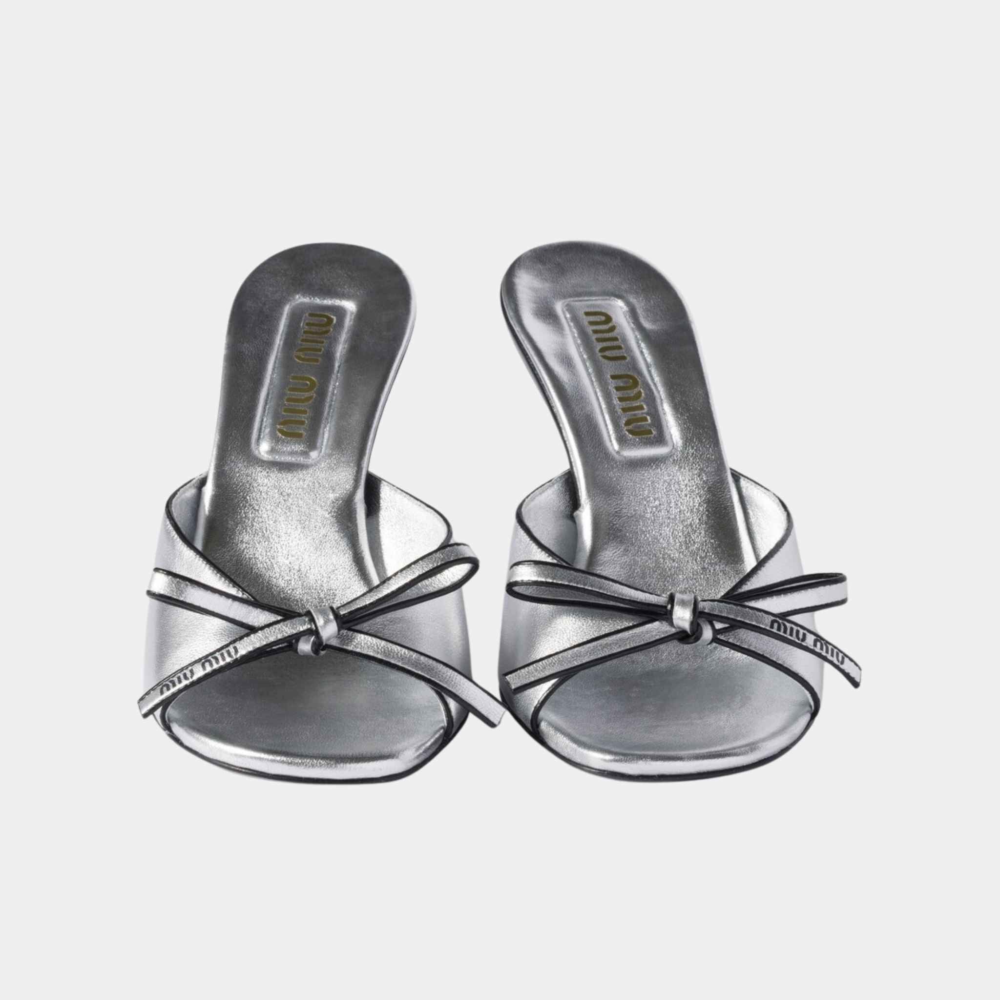 Miu Miu Mordoré Nappa Leather Heeled Sandals with Bow, Silver, Top