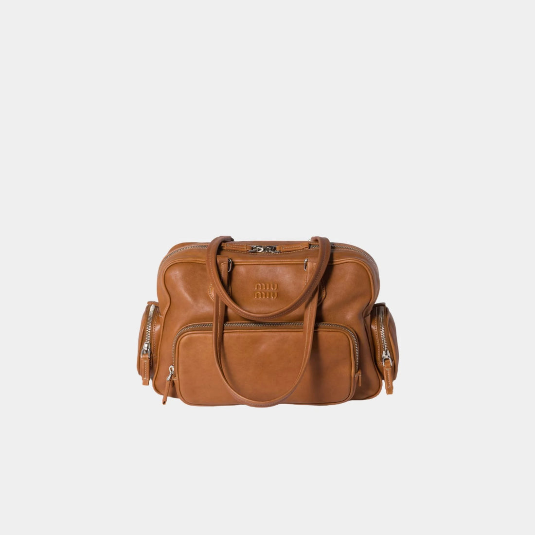 Miu Miu Multi Pocket Top Handle Bag in Nappa Leather, Caramel, Front