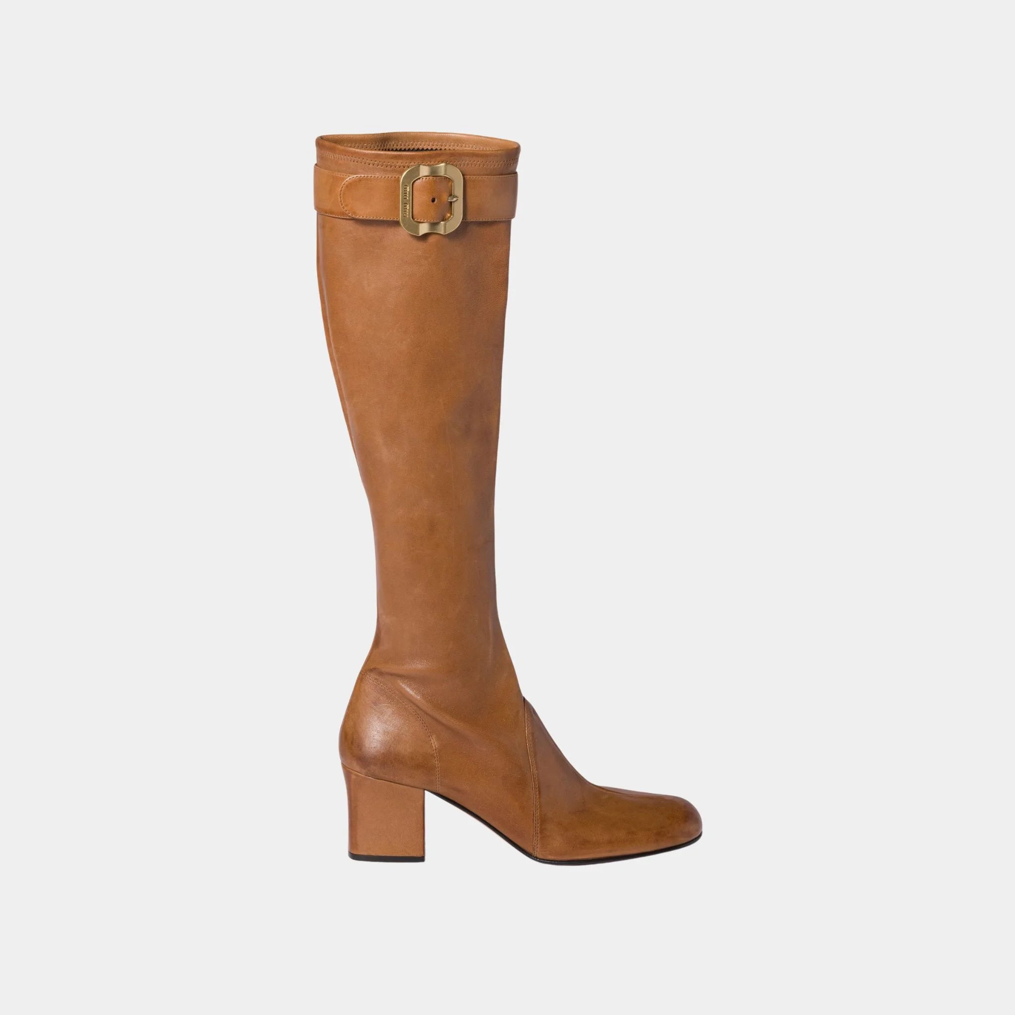 Miu Miu Nappa Leather Boots with Buckle, Caramel, Side