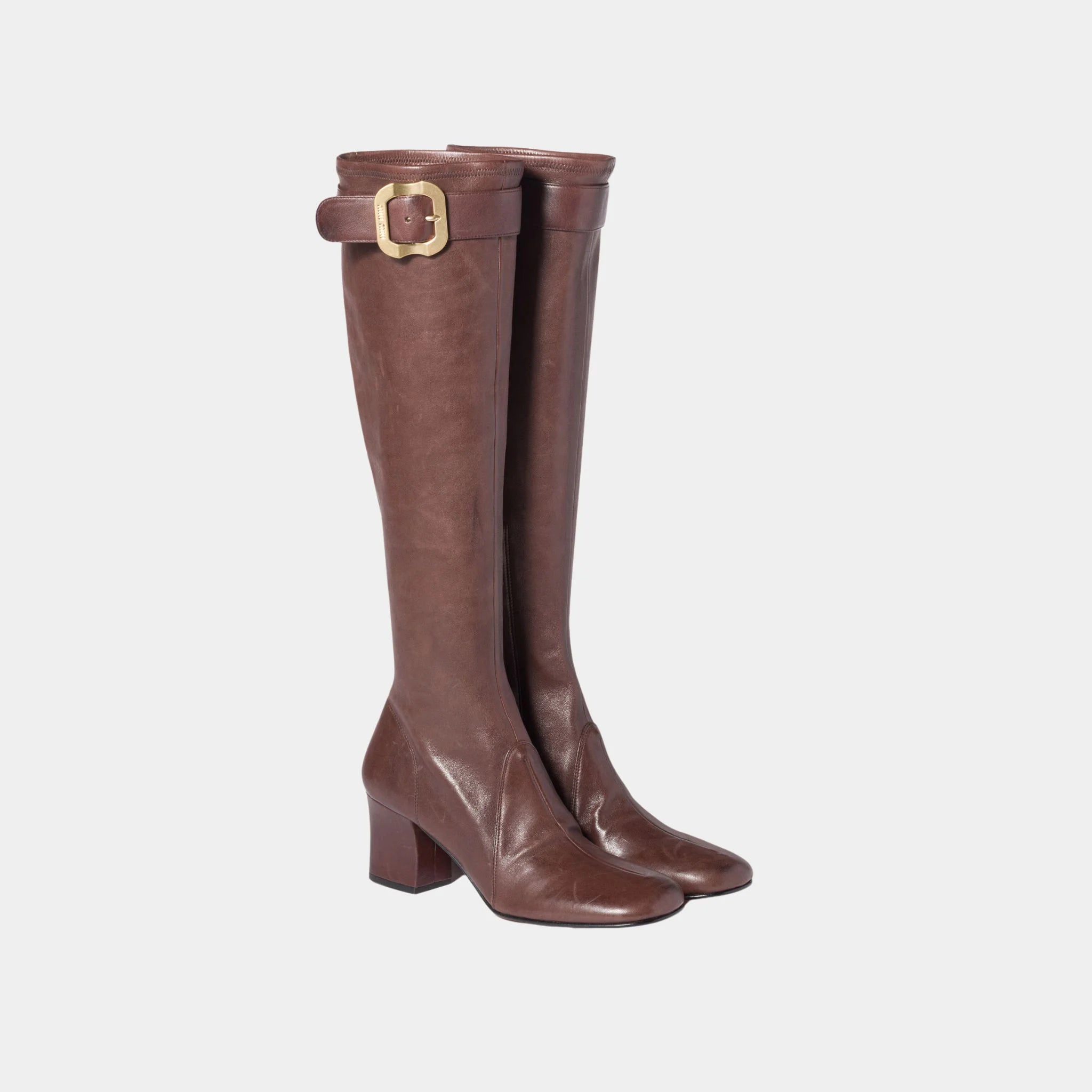 Miu Miu Nappa Leather Boots with Buckle, Dark Brown, Front