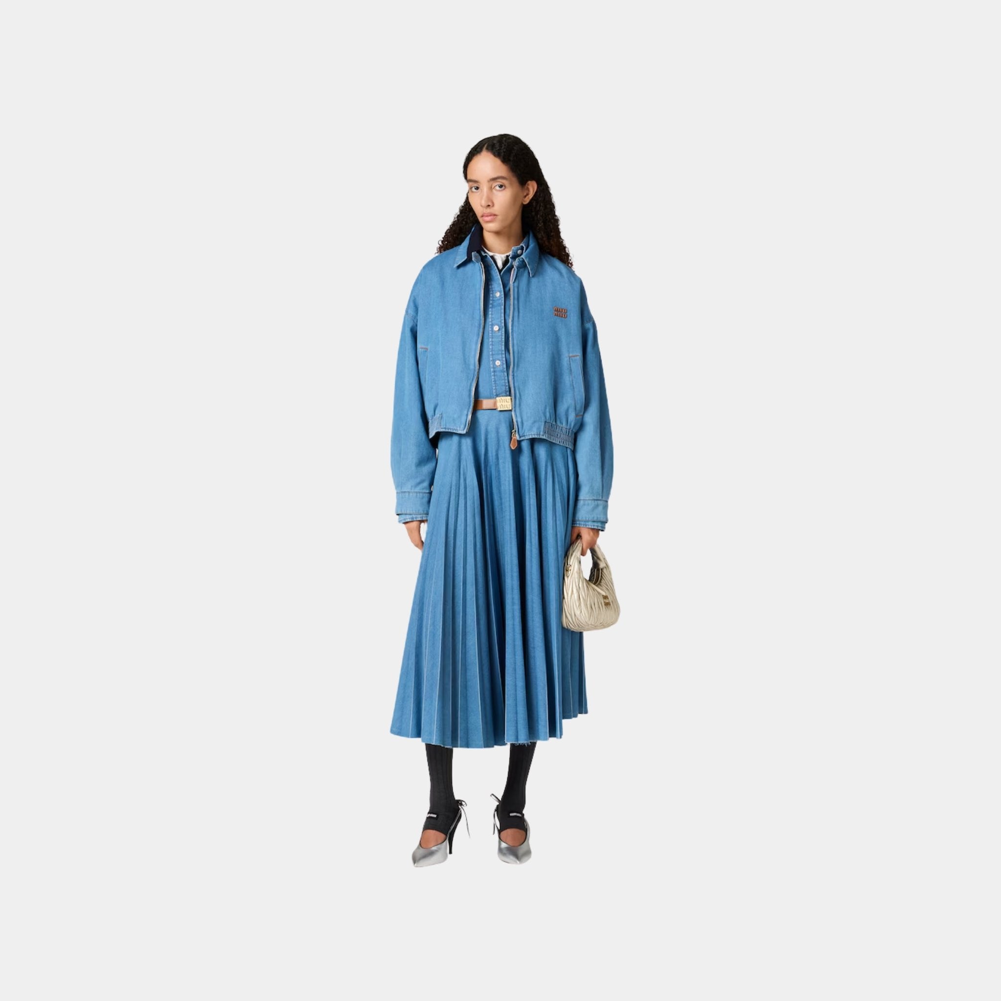 Miu Miu Oversized Denim Blouson Jacket Sapphire Blue, Model