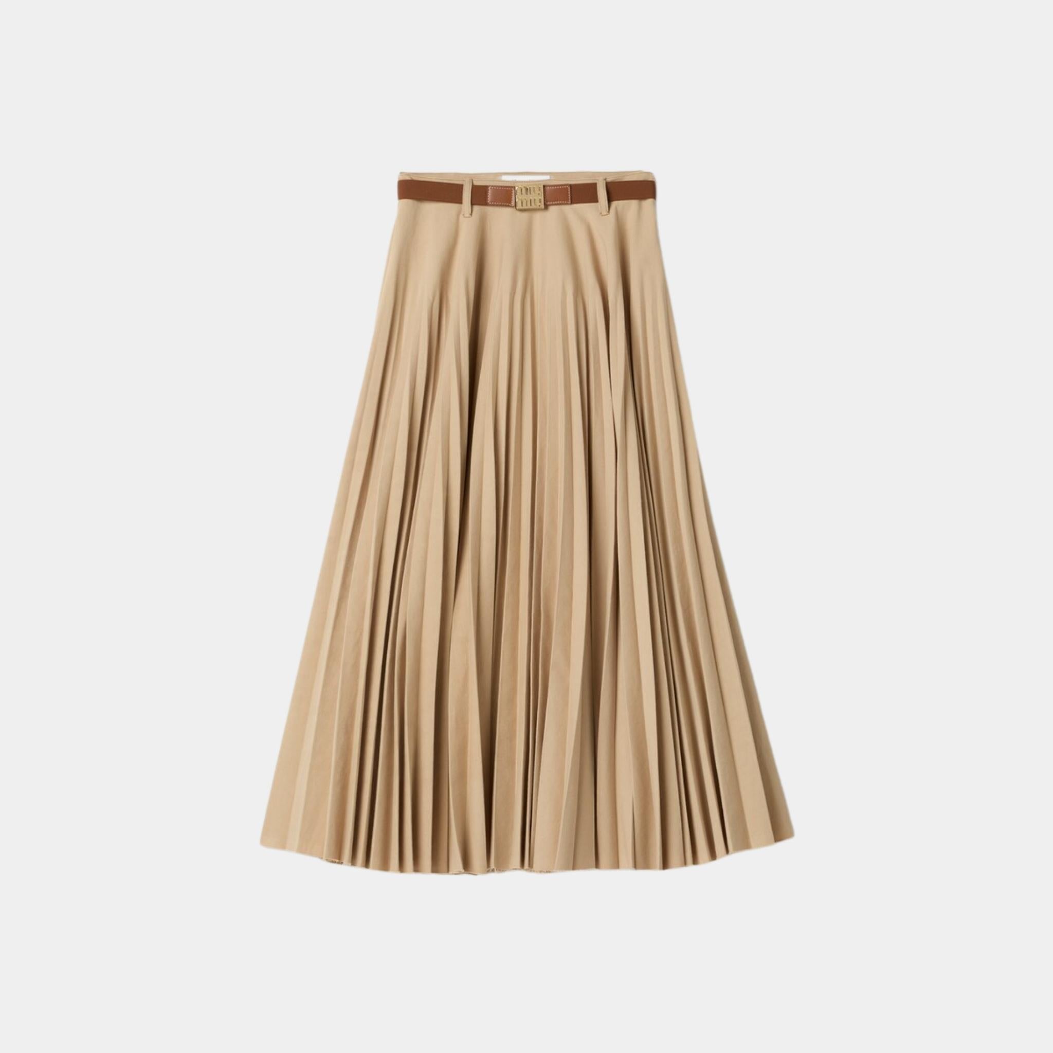 Miu Miu Pleated Old Denim Skirt With Belt, Front