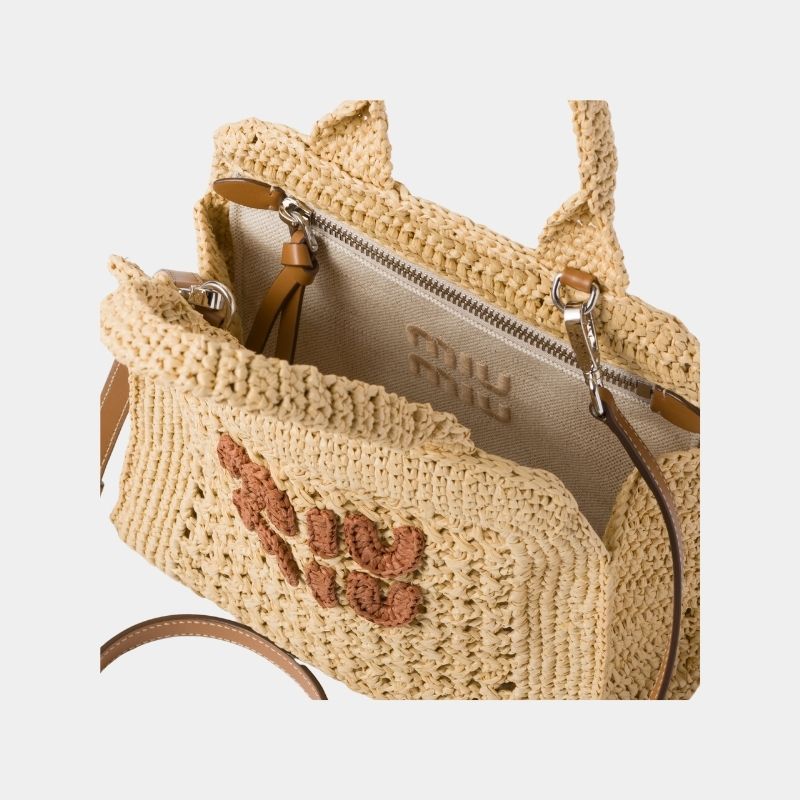 Miu Miu Raffia-Effect Crochet Fabric Tote Bag, BeigeAndCognac, InsideView