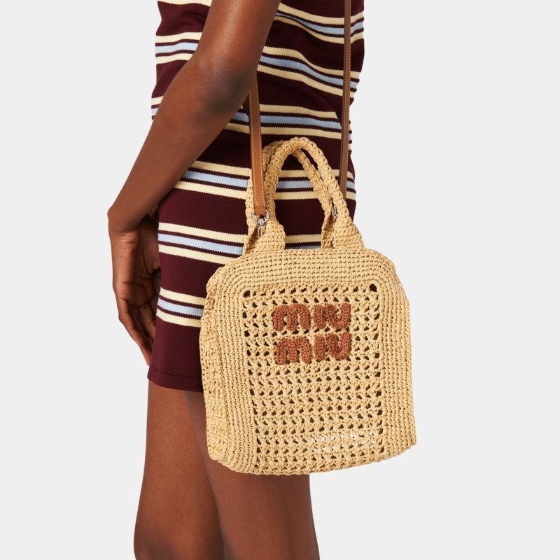 Miu Miu Raffia-Effect Crochet Fabric Tote Bag, BeigeAndCognac, ModelView