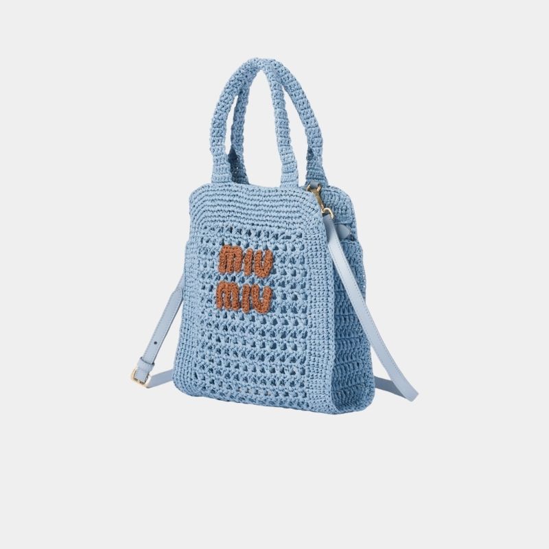 Miu Miu Raffia-Effect Crochet Fabric Tote Bag, CelesteAndCognac, SideView