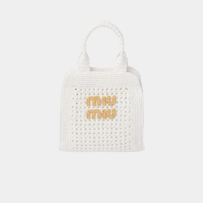 Miu Miu Raffia-Effect Crochet Fabric Tote Bag, WhiteAndBeige, FrontView