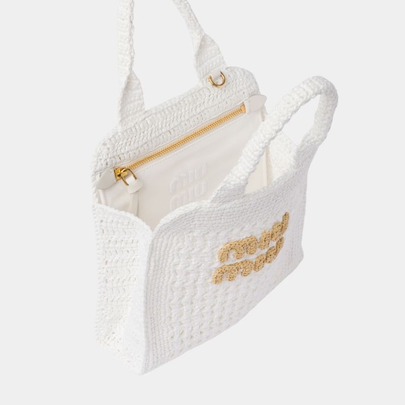 Miu Miu Raffia-Effect Crochet Fabric Tote Bag, WhiteAndBeige, InsideView