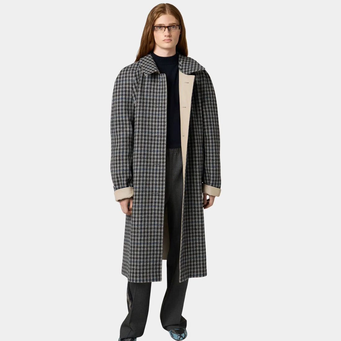 Miu Miu Reversible Twill and Check Trench Coat, Limestone, Front Reverse