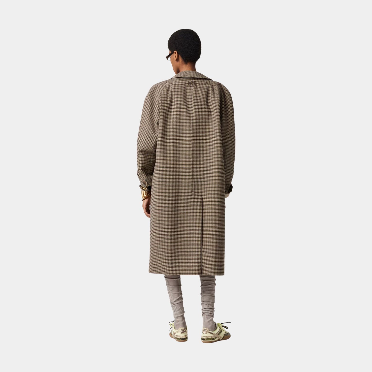Miu Miu Reversible Twill and Houndstooth Check Trench Coat, Limestone, Model, Back