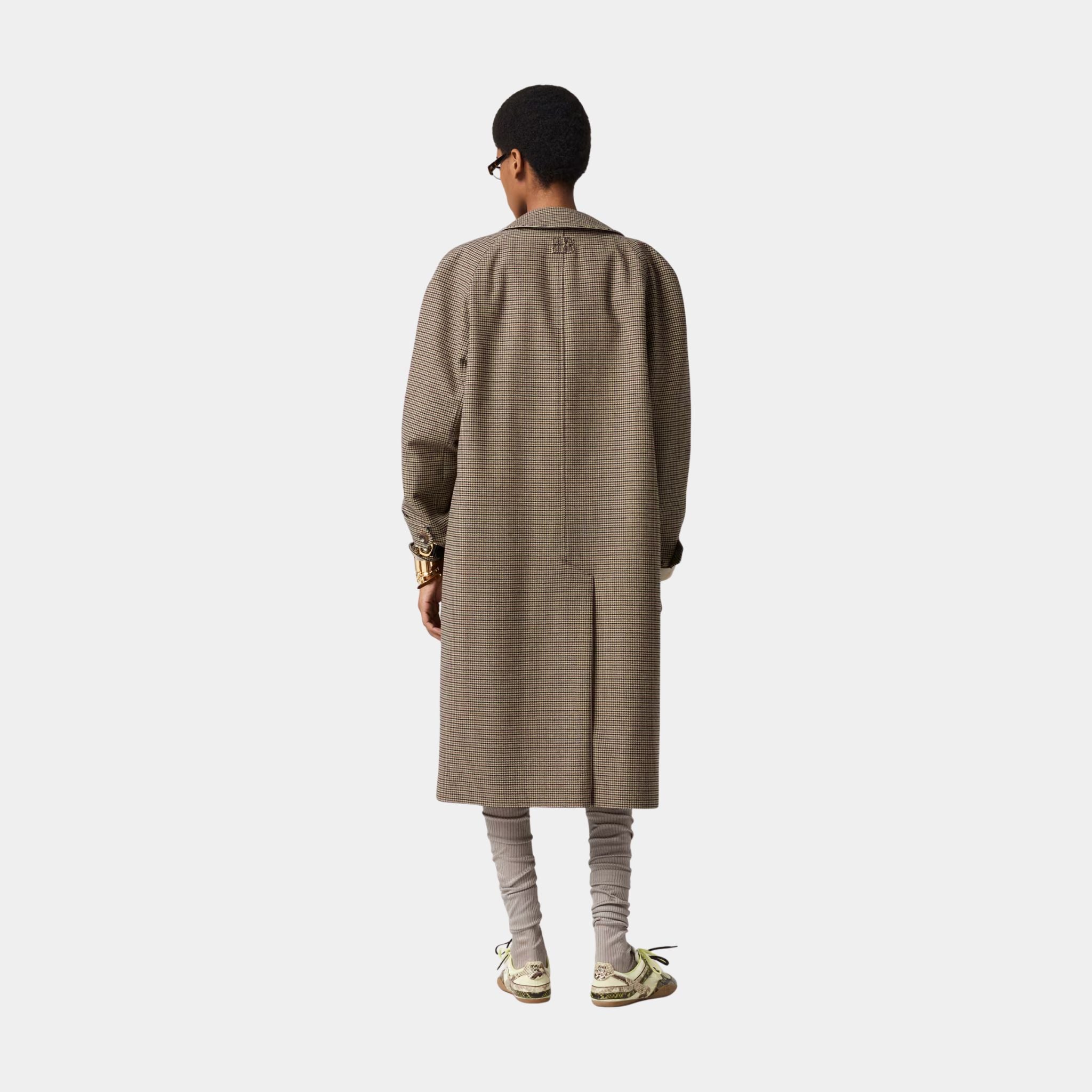 Miu Miu Reversible Twill and Houndstooth Check Trench Coat, Limestone, Model, Back