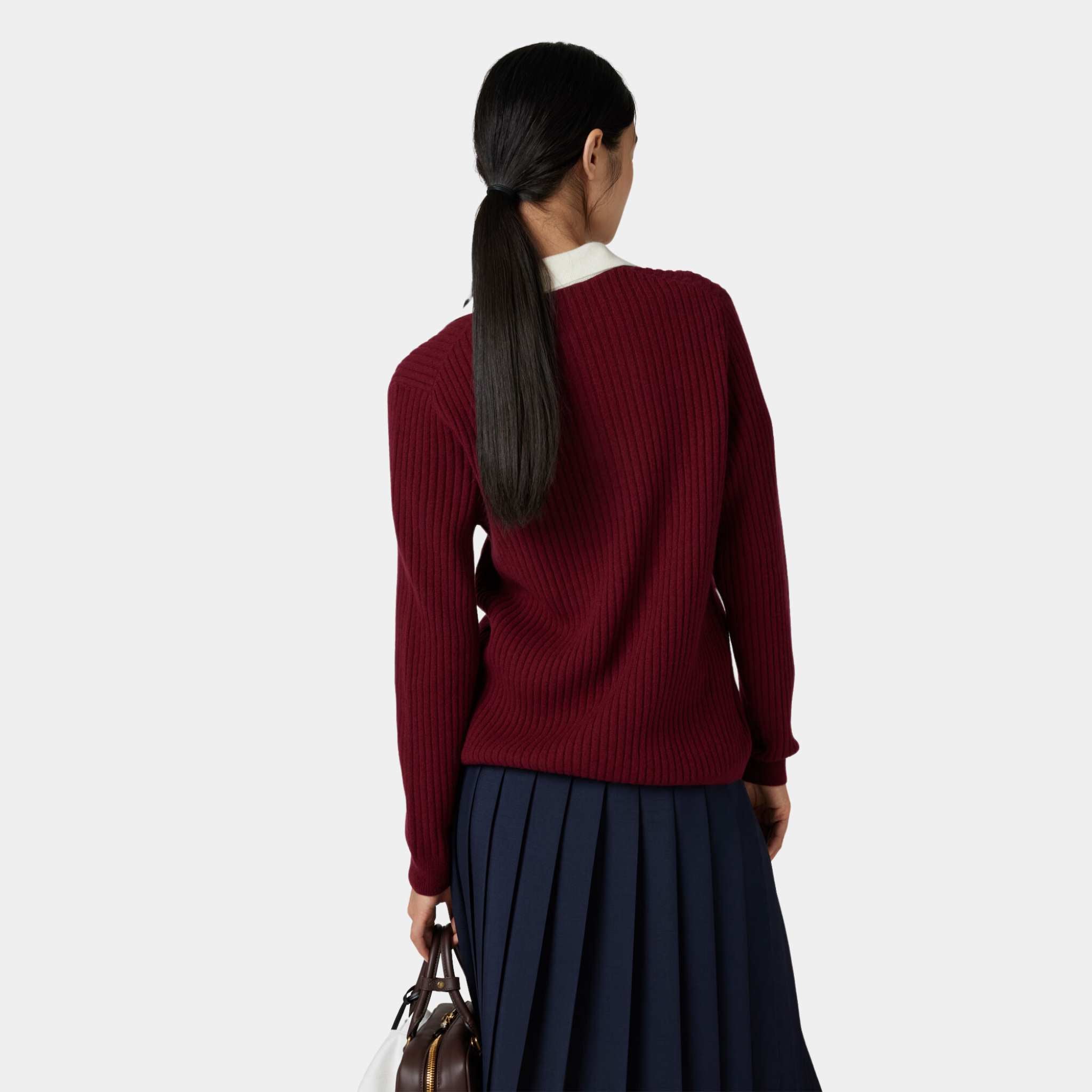 Miu Miu Ribbed Cashmere Polo Shirt Amaranth Natural, Back, Model