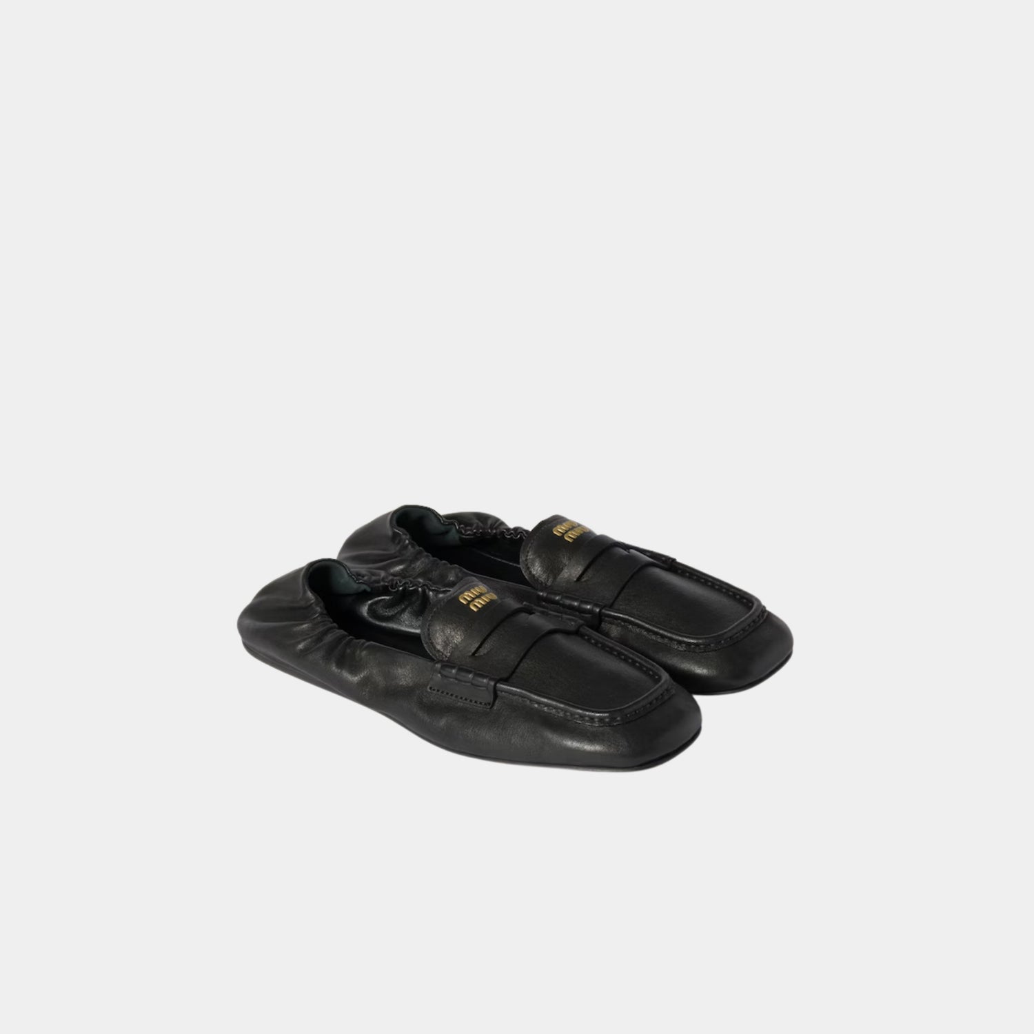 Miu Miu Ruches Nappa Leather Loafers, Black, Front