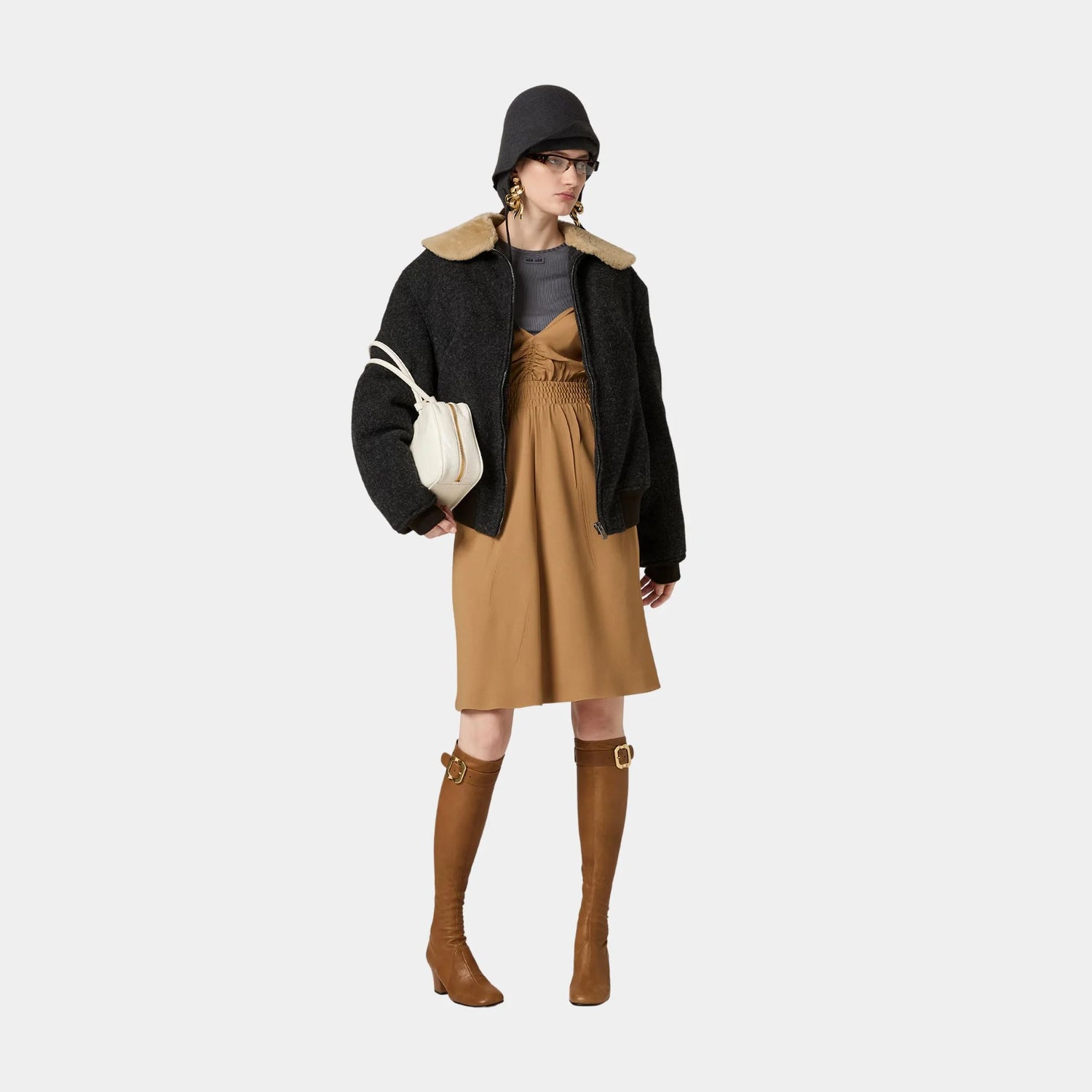 Miu Miu Sablé Dress with Shoulder Straps, Camel Brown, Model, Front